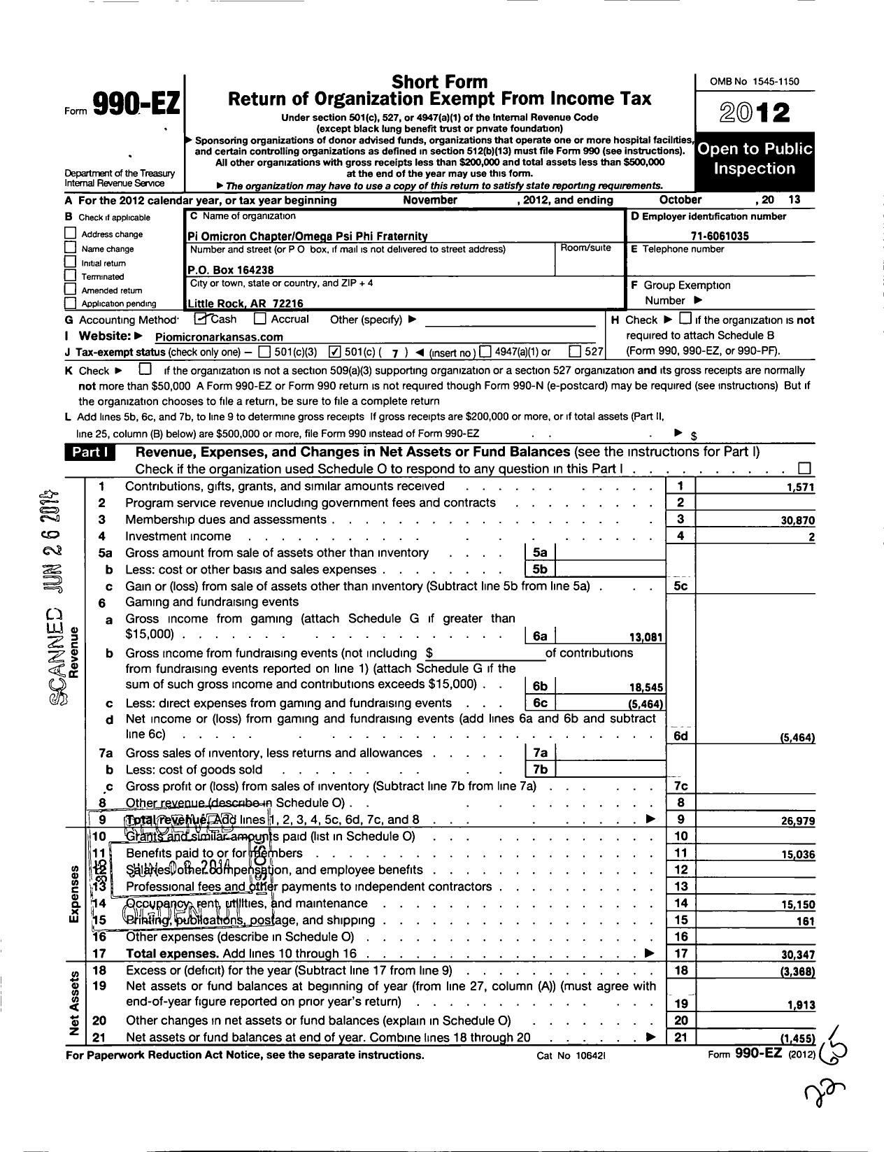 Image of first page of 2012 Form 990EO for Omega Psi Phi Fraternity - 608 Pi Omicron District 9