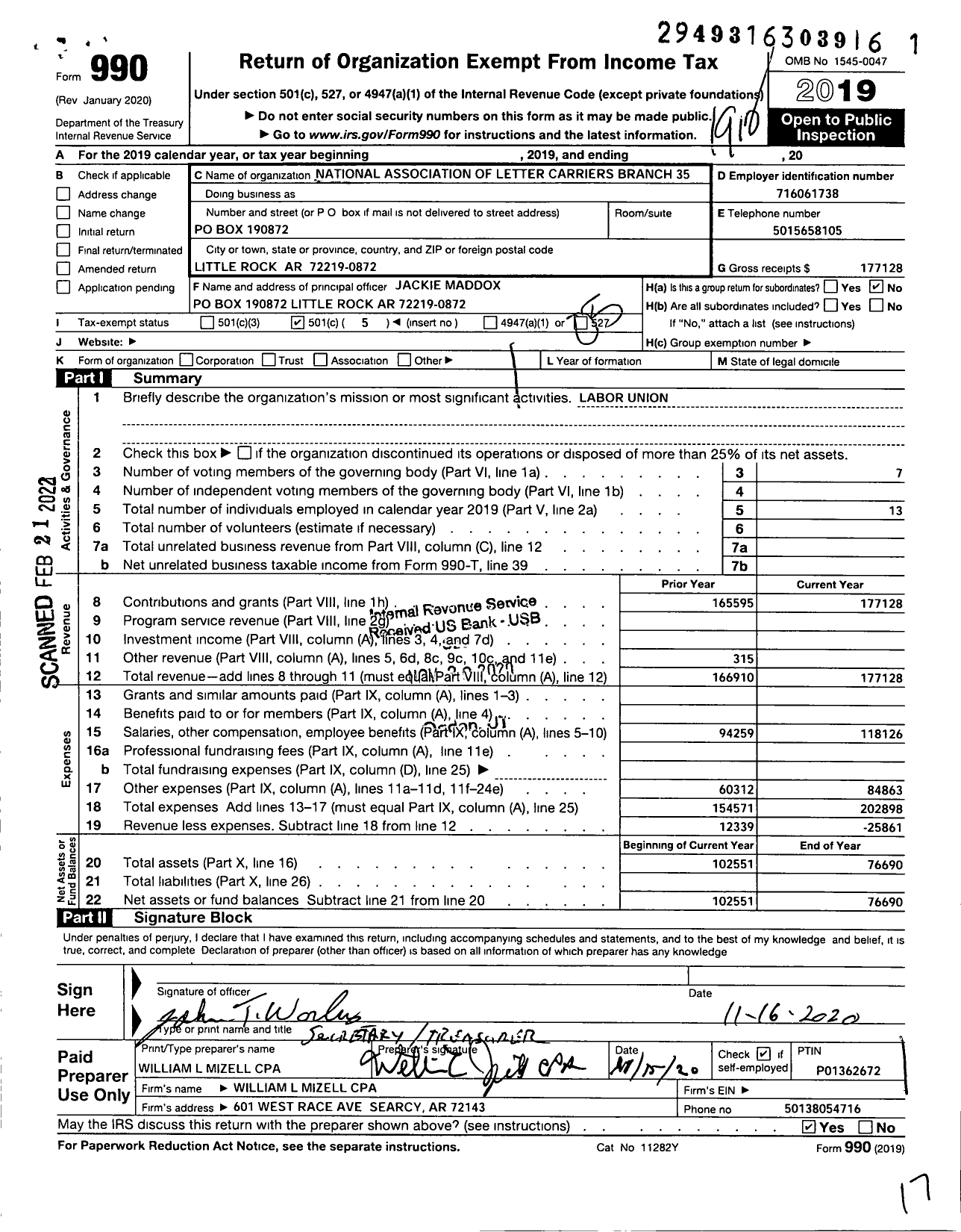 Image of first page of 2019 Form 990O for National Association of Letter Carriers - 35 Little Rock Arkansas