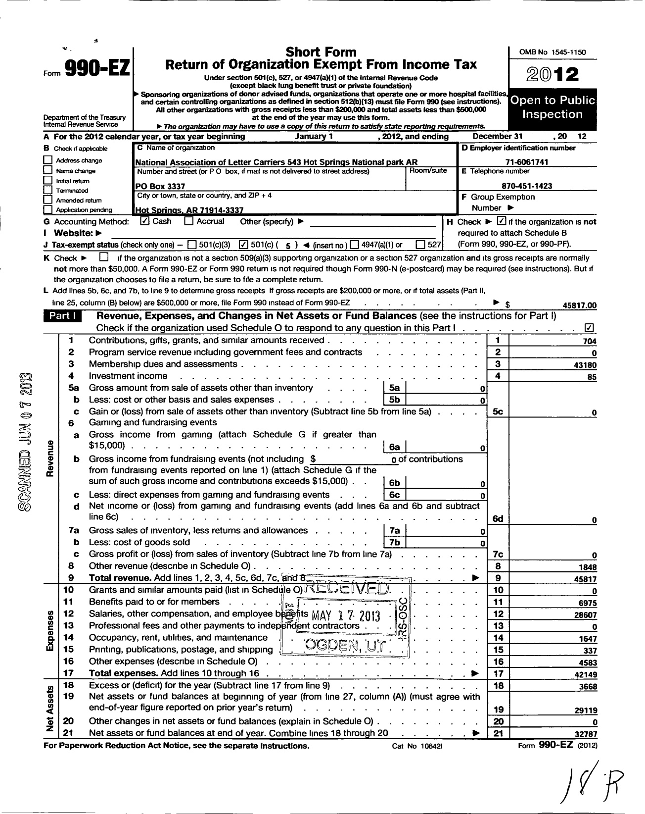 Image of first page of 2012 Form 990EO for National Association of Letter Carriers - 543 Hot SPGS Natl Park Arkansas