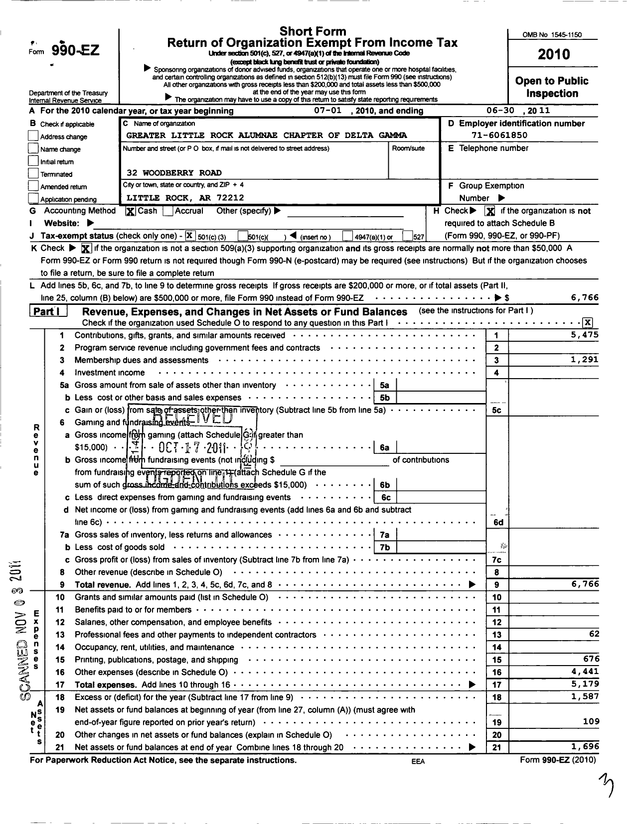 Image of first page of 2010 Form 990EZ for Delta Gamma Fraternity / Greater Little Rock Alumnae Chapter