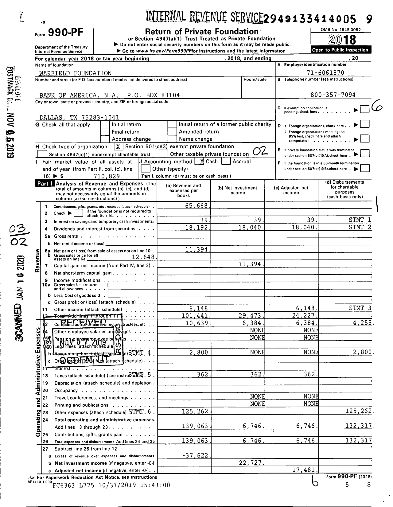 Image of first page of 2018 Form 990PF for Warfield Foundation