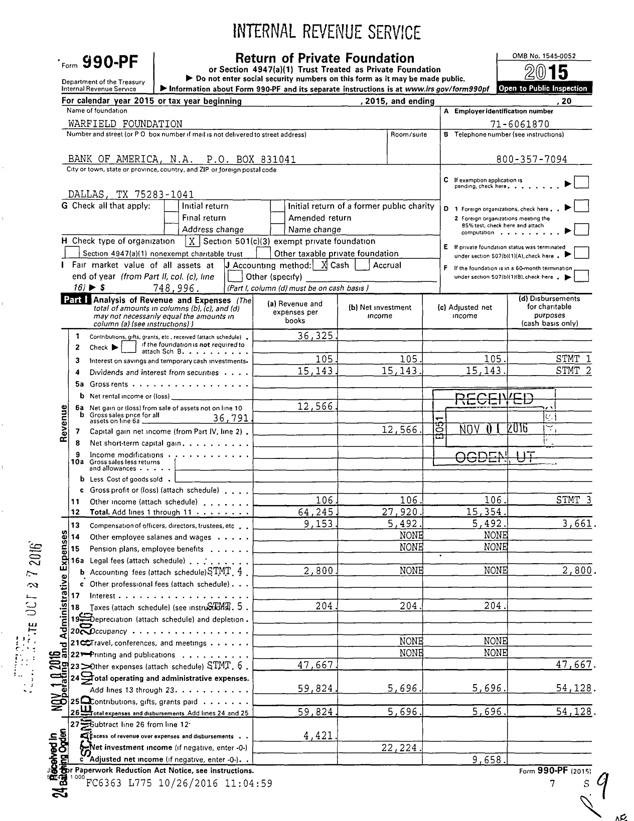 Image of first page of 2015 Form 990PF for Warfield Foundation