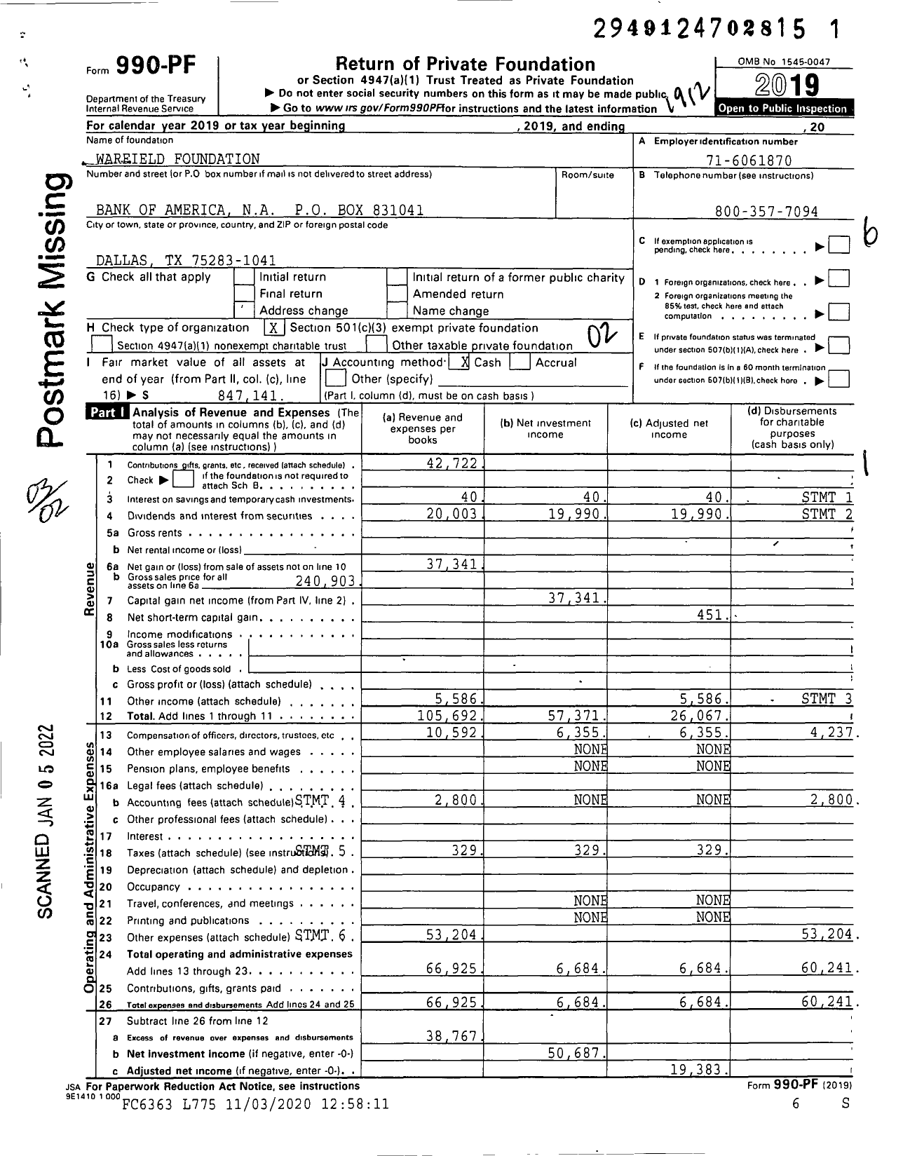 Image of first page of 2019 Form 990PF for Warfield Foundation