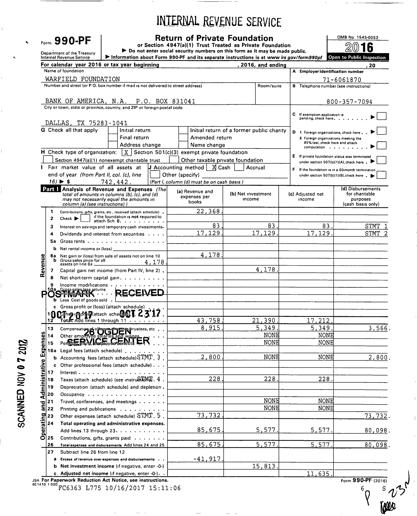 Image of first page of 2016 Form 990PF for Warfield Foundation