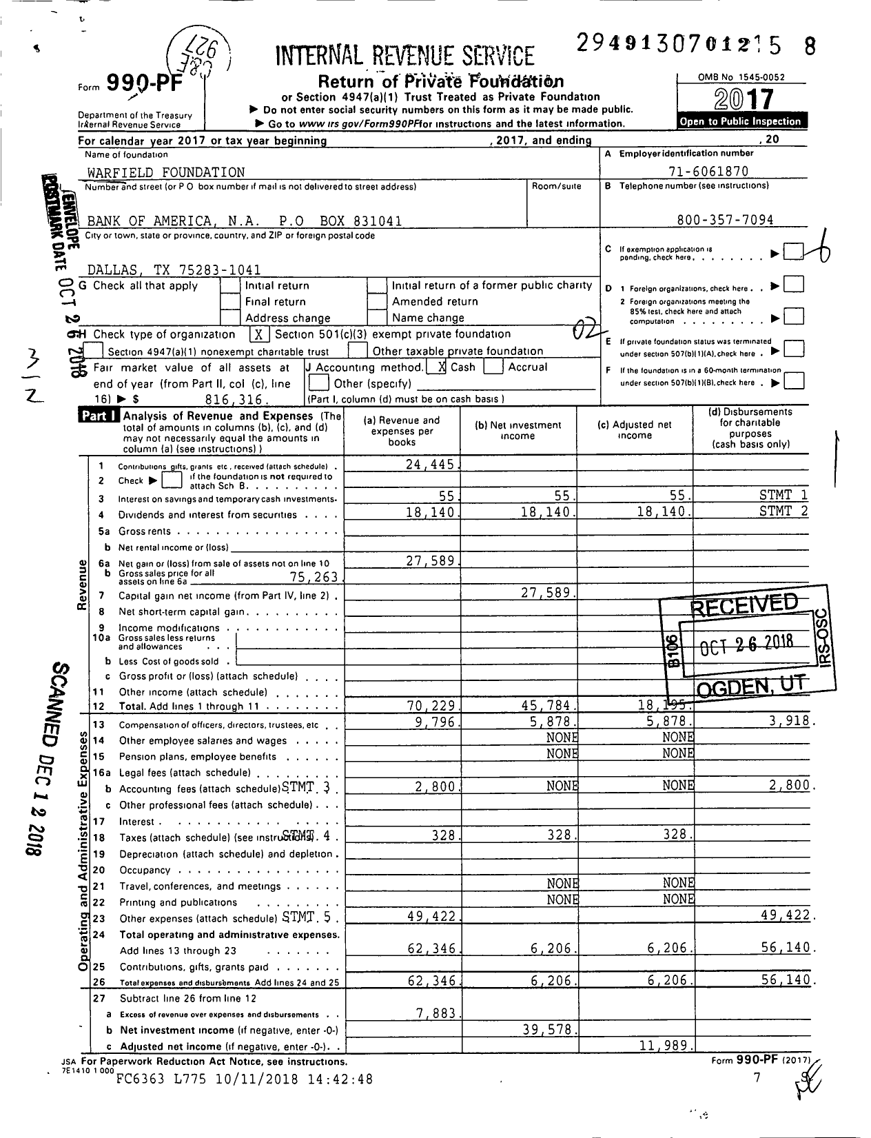 Image of first page of 2017 Form 990PF for Warfield Foundation