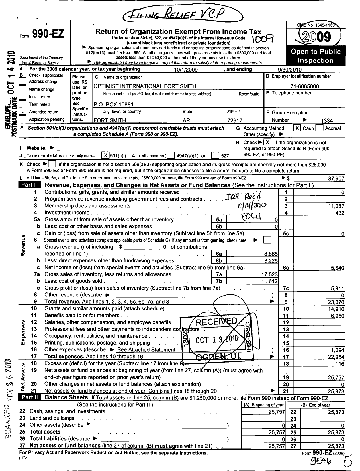 Image of first page of 2009 Form 990EO for Optimist International - 34025 Opti Club of Fort Smith Ar