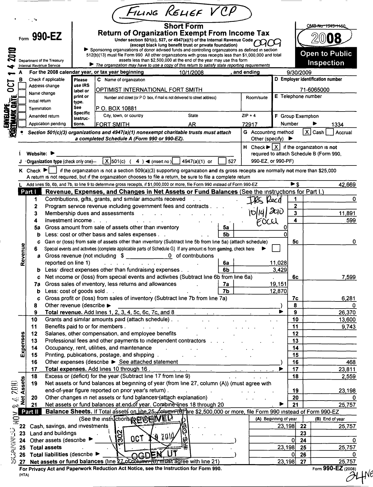 Image of first page of 2008 Form 990EO for Optimist International - 34025 Opti Club of Fort Smith Ar