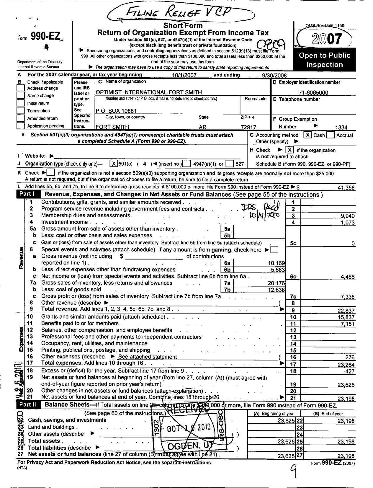 Image of first page of 2007 Form 990EO for Optimist International - 34025 Opti Club of Fort Smith Ar