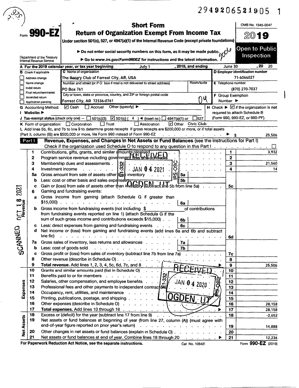 Image of first page of 2019 Form 990EO for Rotary Club of Forrest City Arkansas