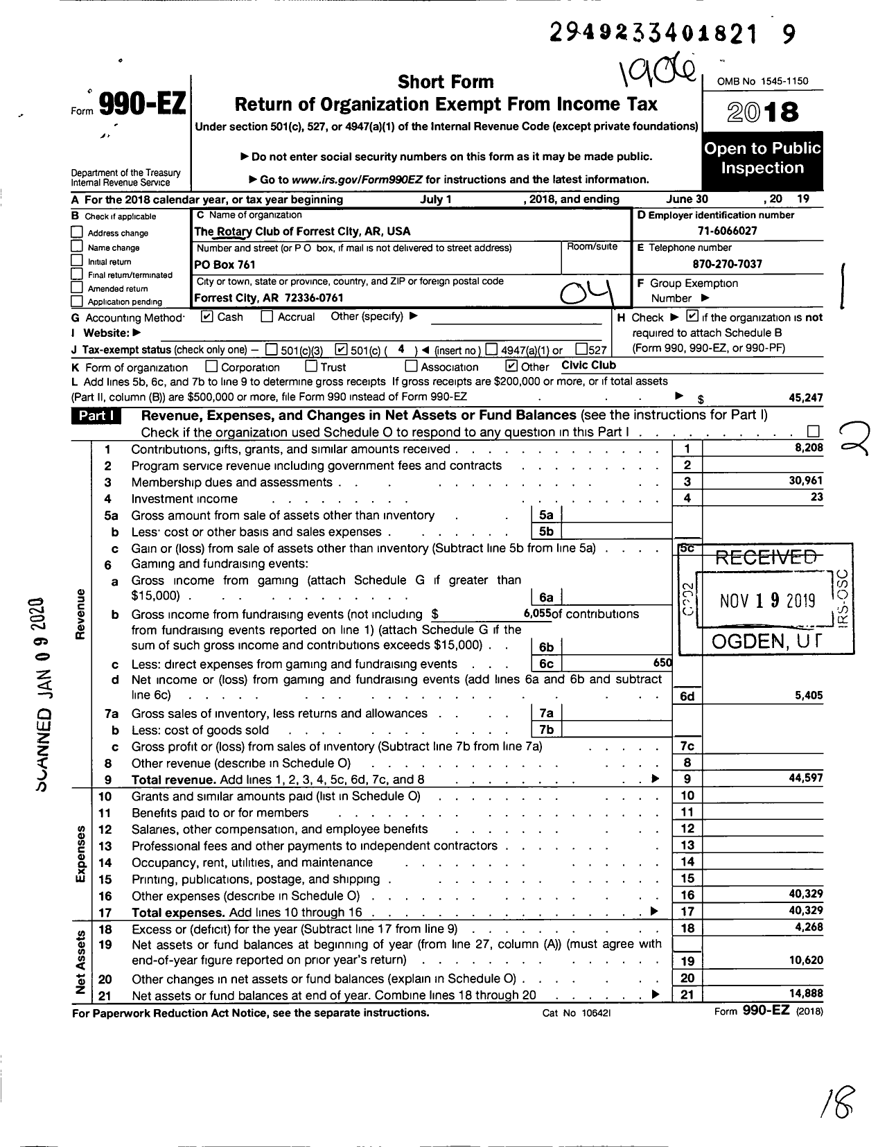 Image of first page of 2018 Form 990EO for Rotary Club of Forrest City Arkansas