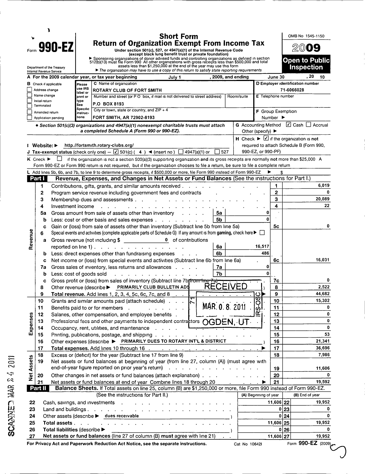 Image of first page of 2009 Form 990EO for Rotary International - Fort Smith Rotary Club