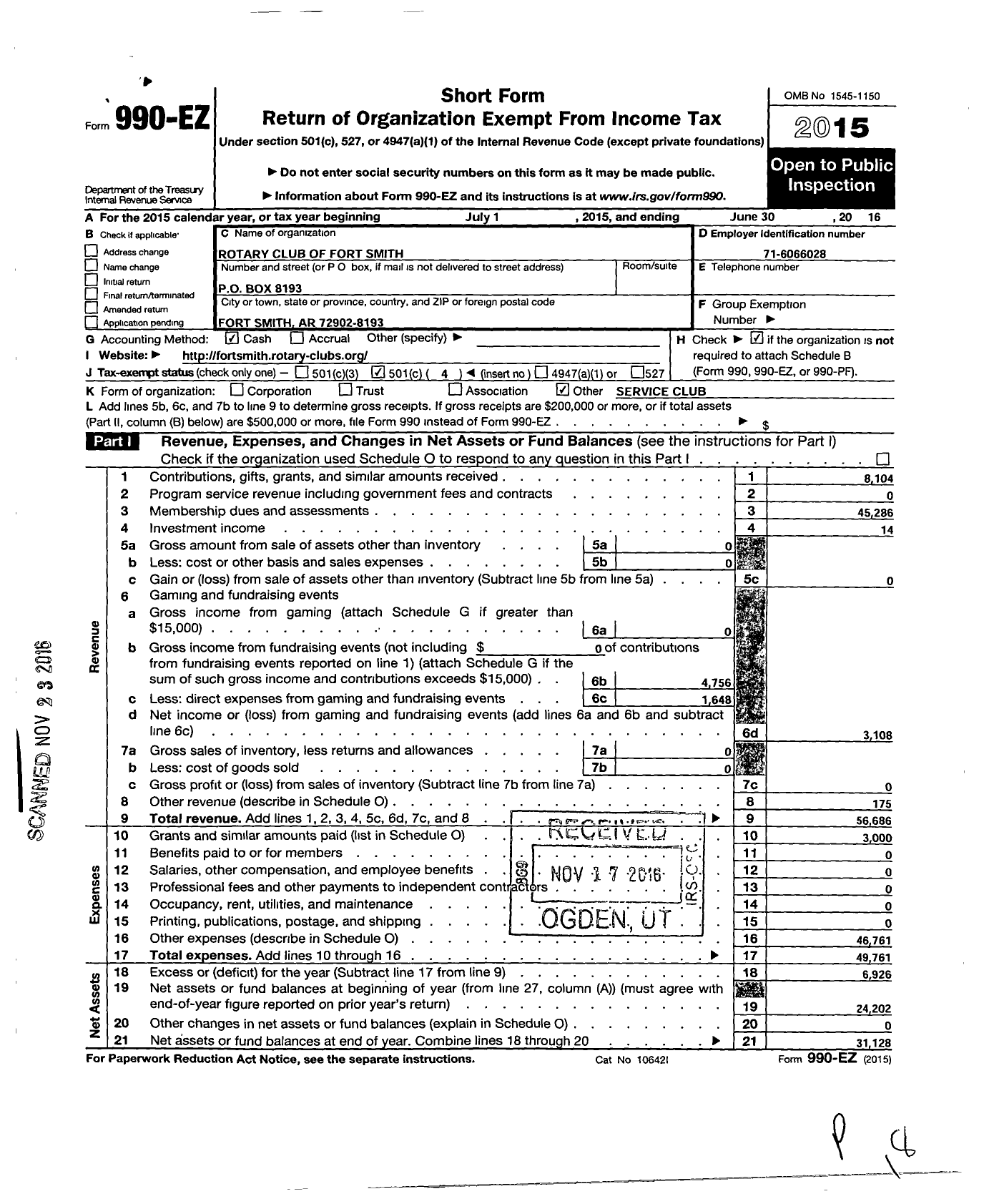 Image of first page of 2015 Form 990EO for Rotary International - Fort Smith Rotary Club