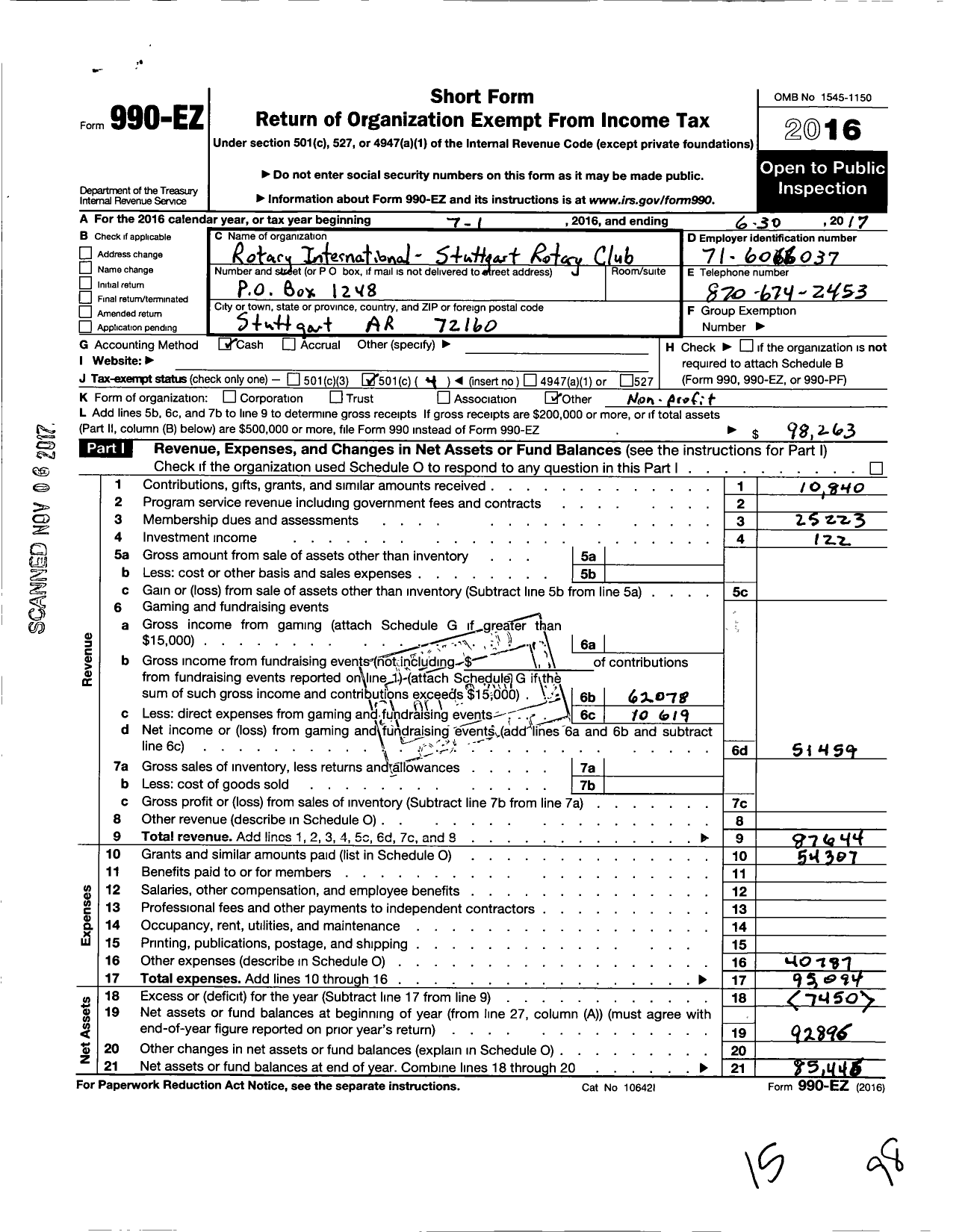 Image of first page of 2016 Form 990EO for ROTARY INTERNATIONAL - Stuttgart ROTARY Club