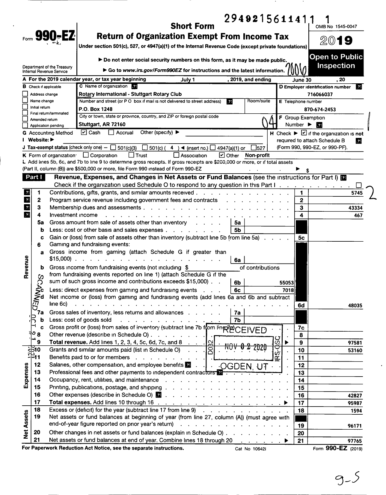 Image of first page of 2019 Form 990EO for ROTARY INTERNATIONAL - Stuttgart ROTARY Club