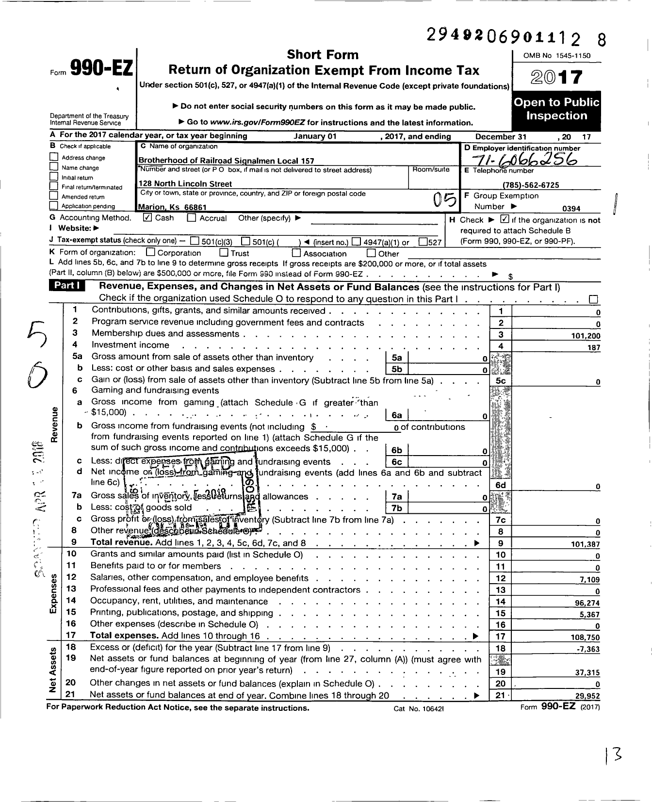 Image of first page of 2017 Form 990EO for Brotherhood of Railroad Signalmen Local 157