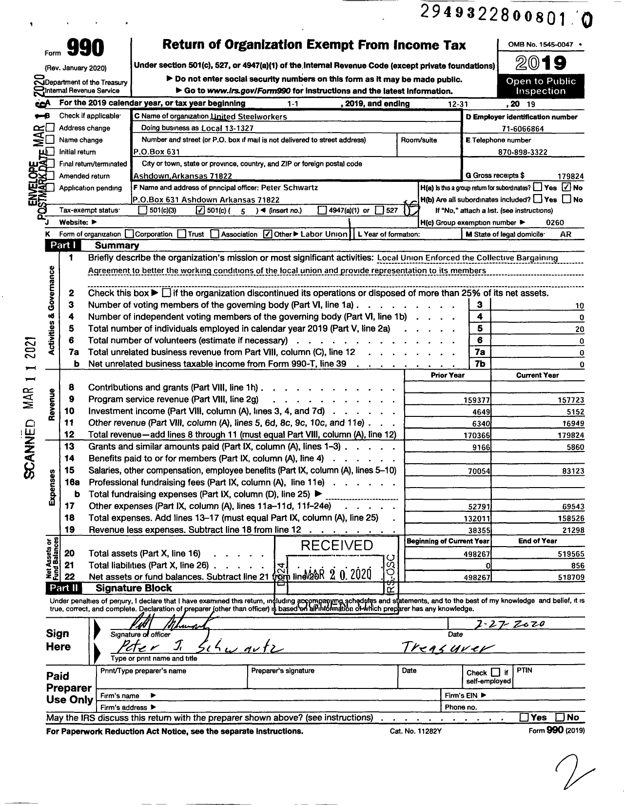 Image of first page of 2019 Form 990O for United Steelworkers - Local Union 1327