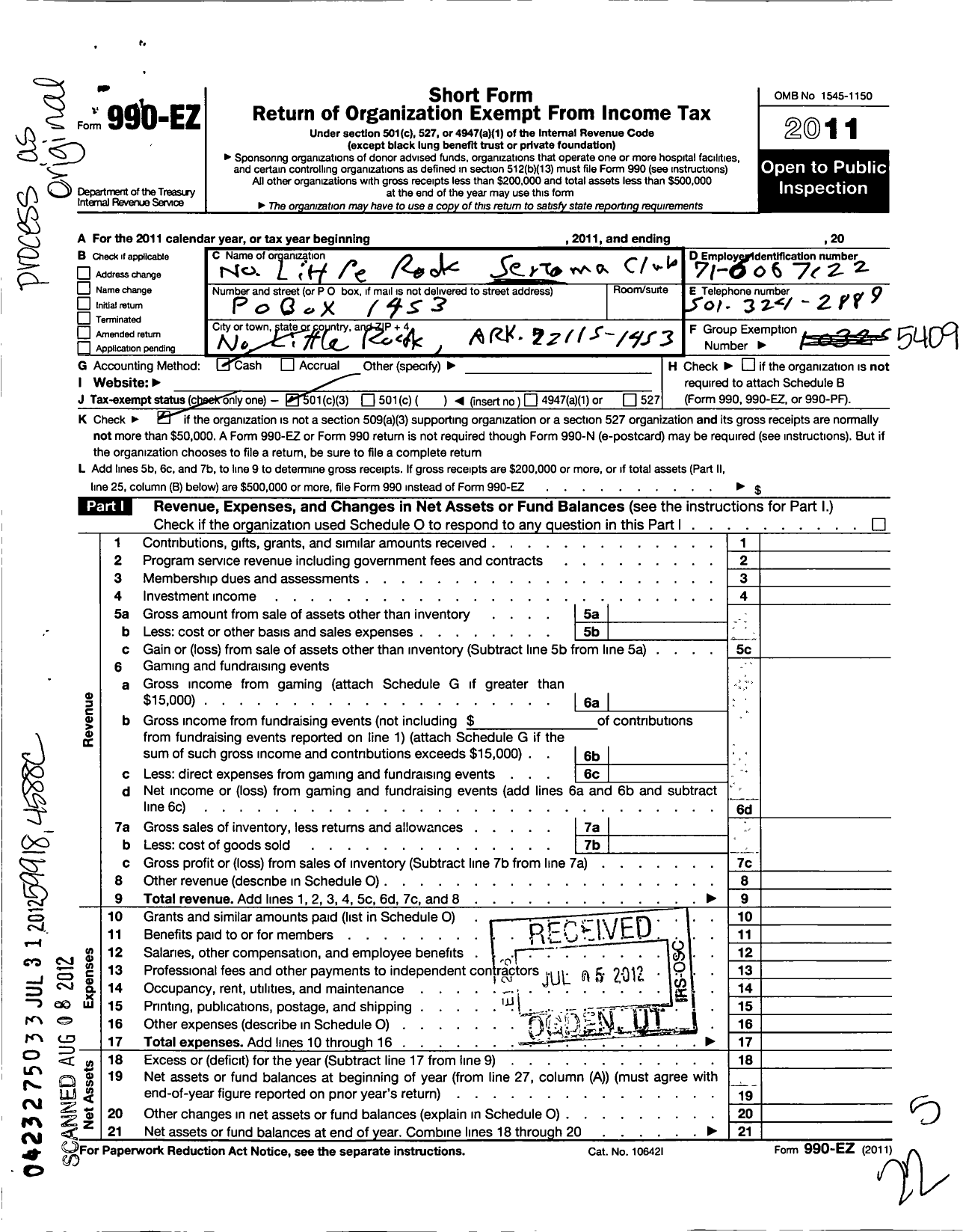 Image of first page of 2011 Form 990EZ for North Little Rock Sertoma Club