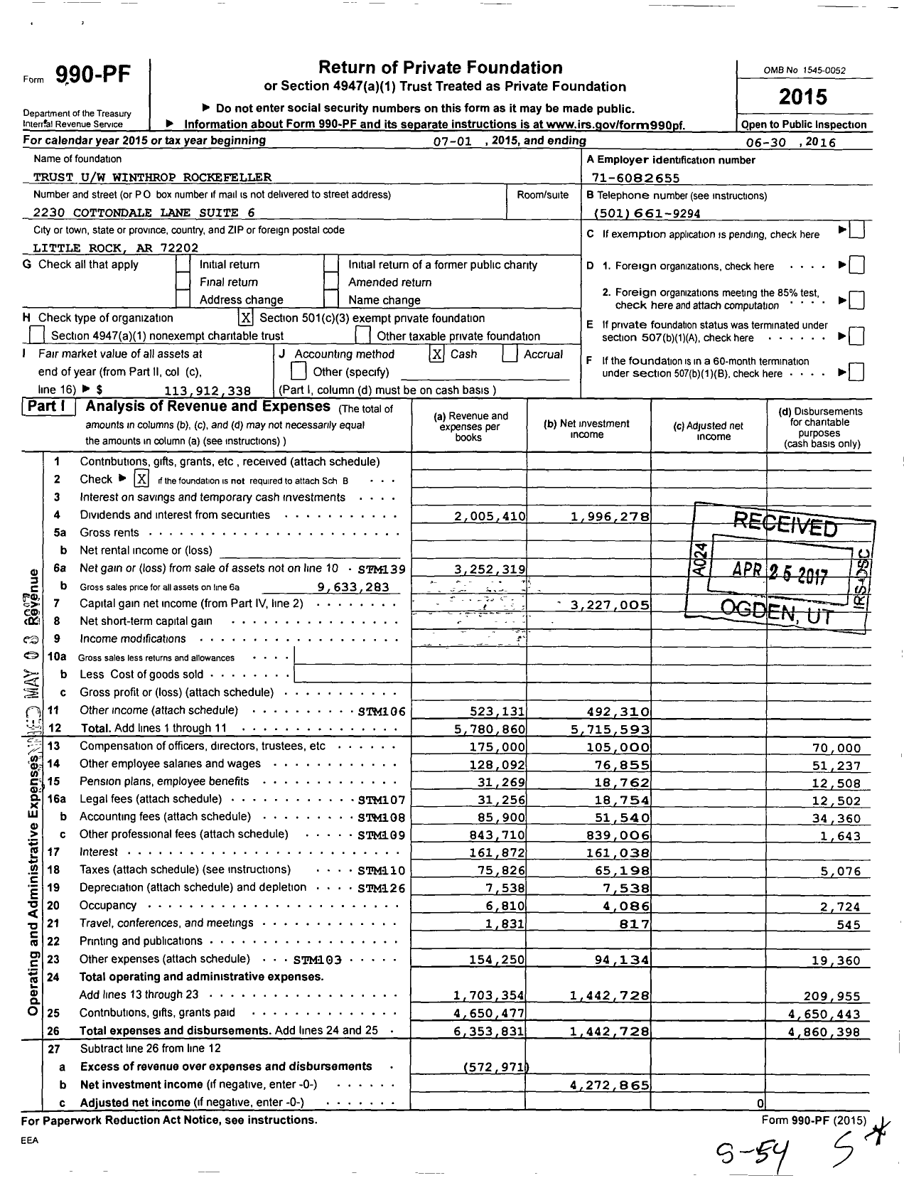 Image of first page of 2015 Form 990PF for Trust U / W Winthrop Rockefeller