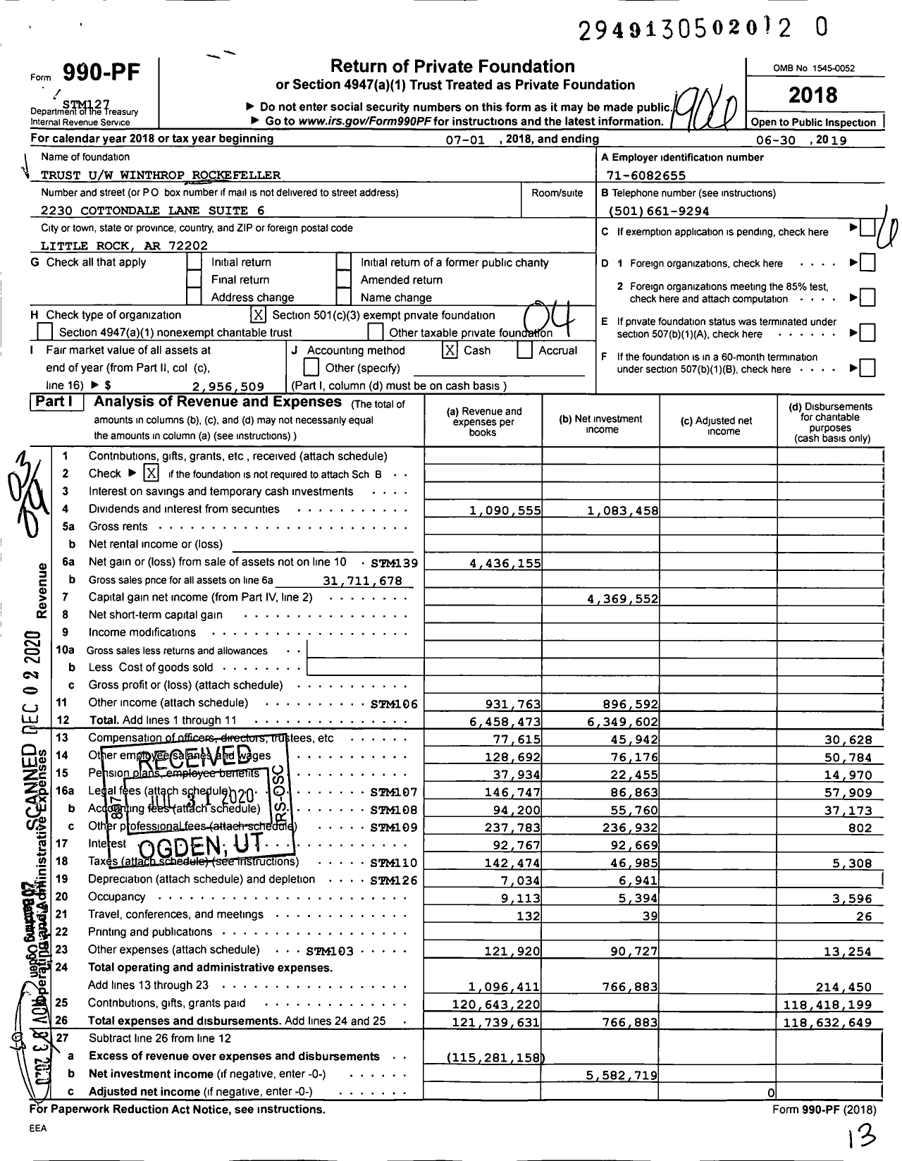 Image of first page of 2018 Form 990PF for Trust U / W Winthrop Rockefeller