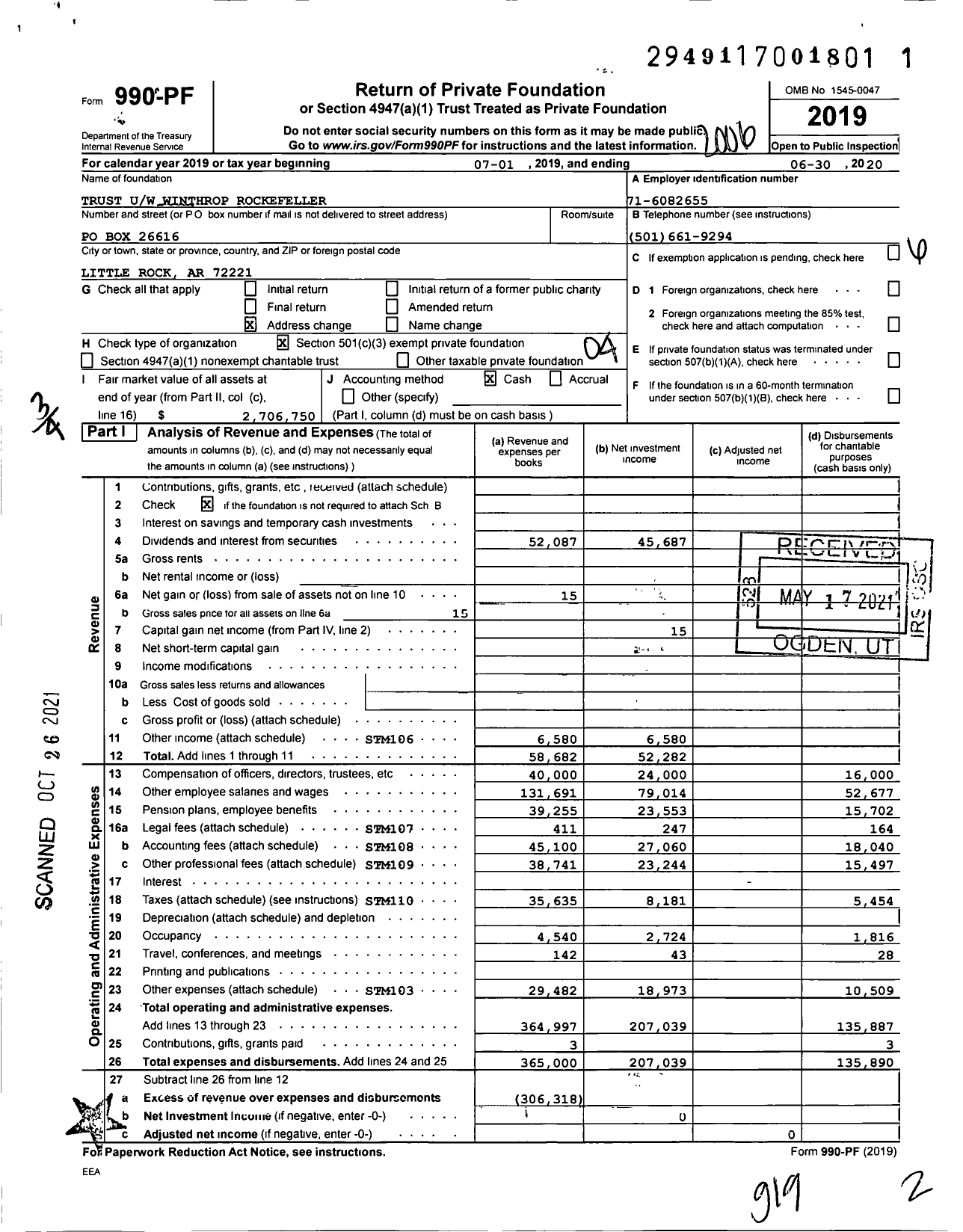 Image of first page of 2019 Form 990PF for Trust U / W Winthrop Rockefeller