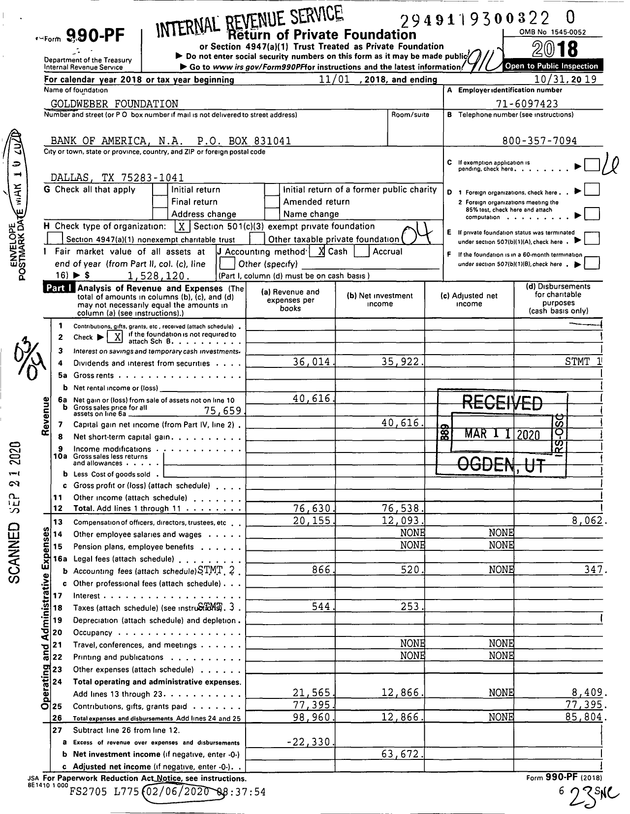 Image of first page of 2018 Form 990PR for Goldweber Foundation