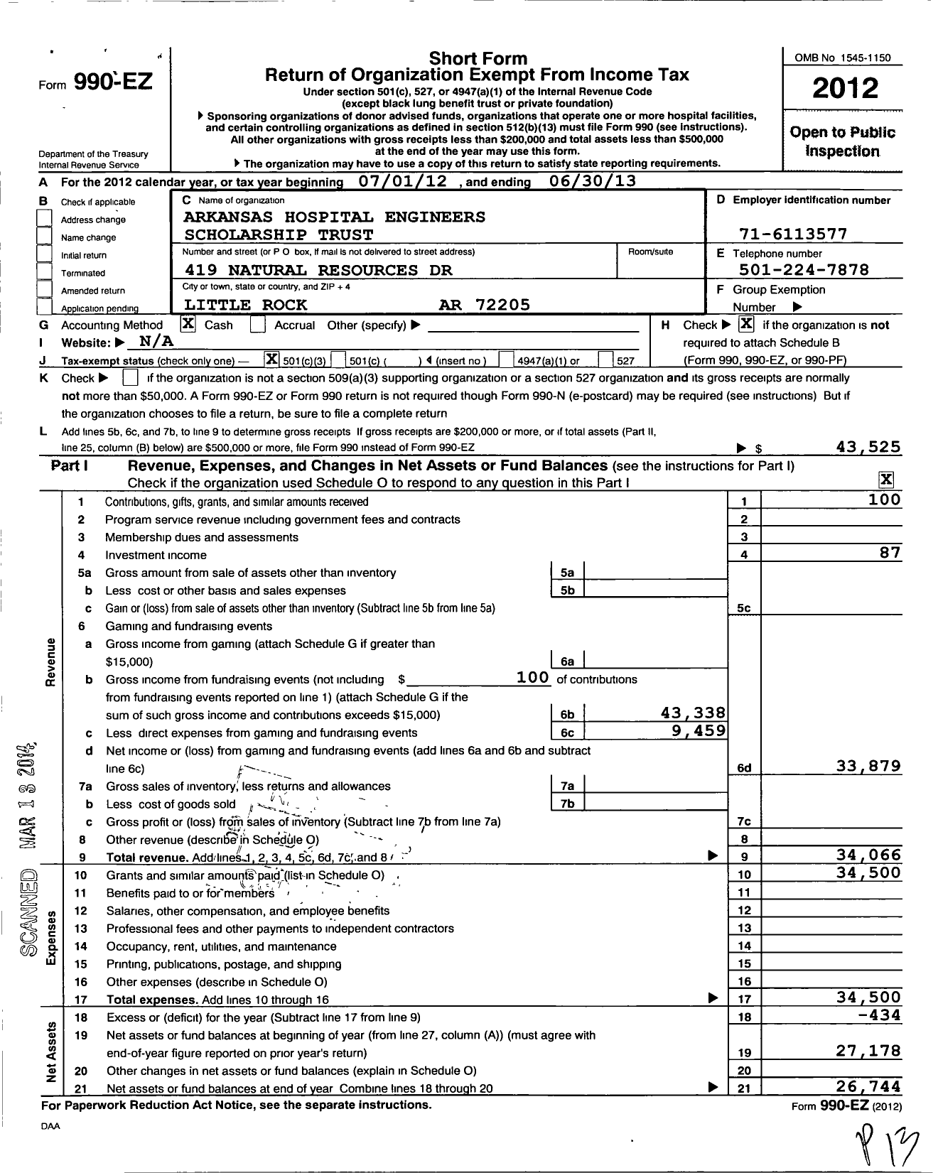Image of first page of 2012 Form 990EZ for Arkansas Hospital Engineers Scholarship Trust