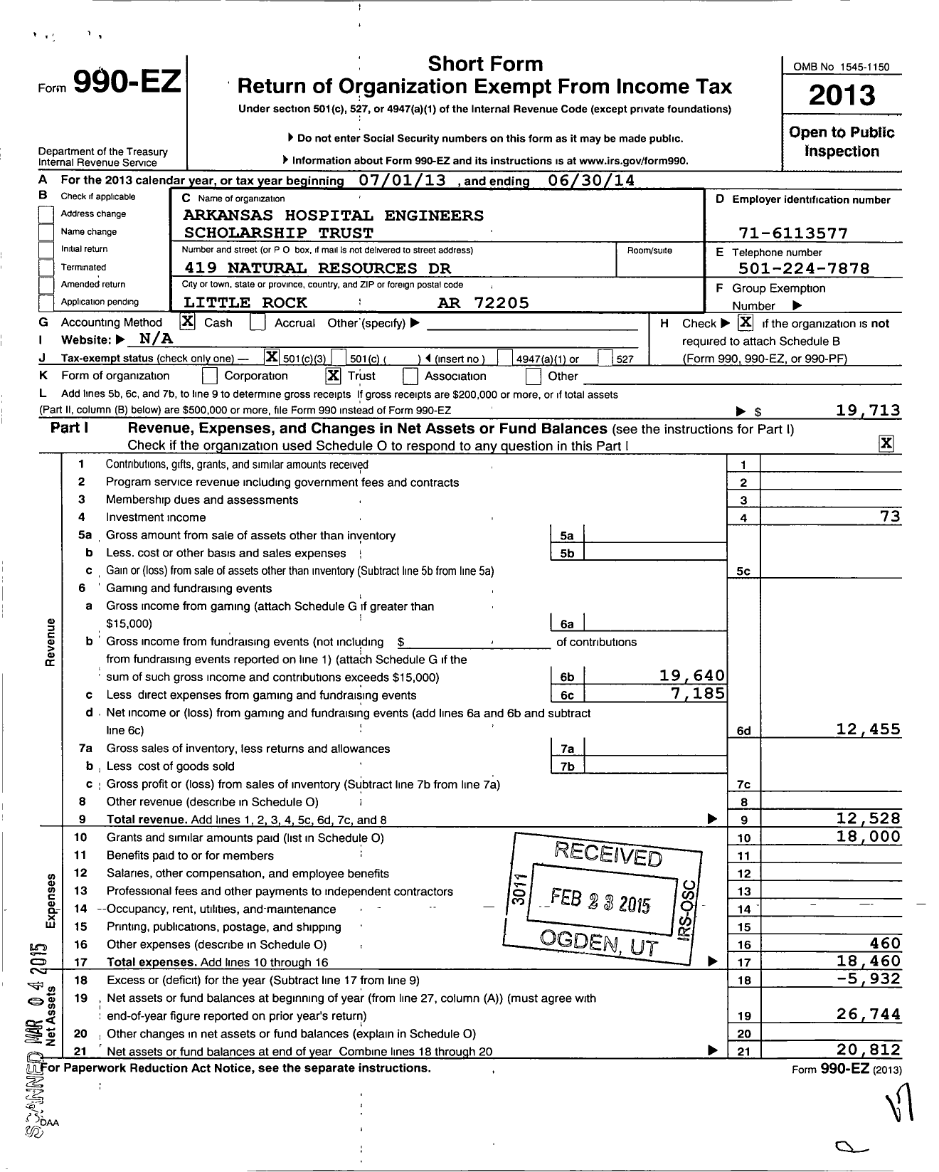 Image of first page of 2013 Form 990EZ for Arkansas Hospital Engineers Scholarship Trust