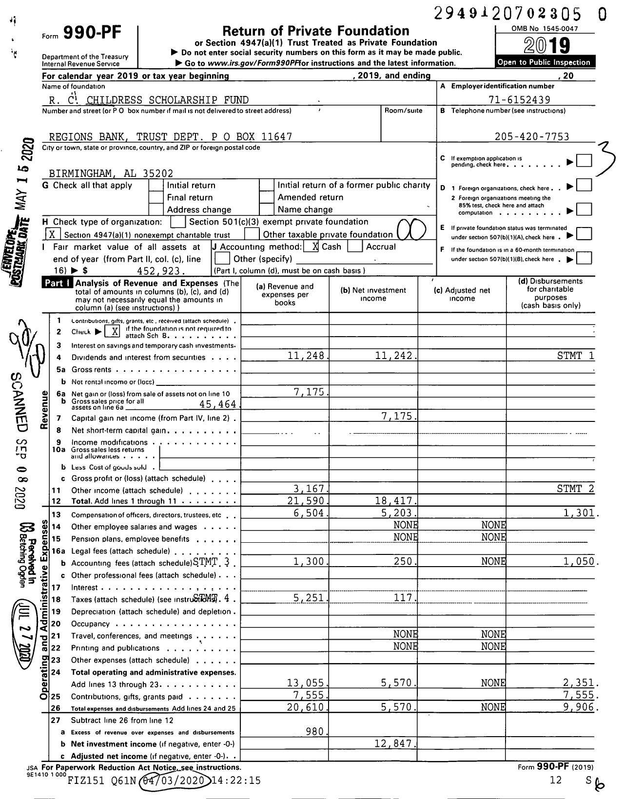 Image of first page of 2019 Form 990PR for R C Childress Scholarship Fund