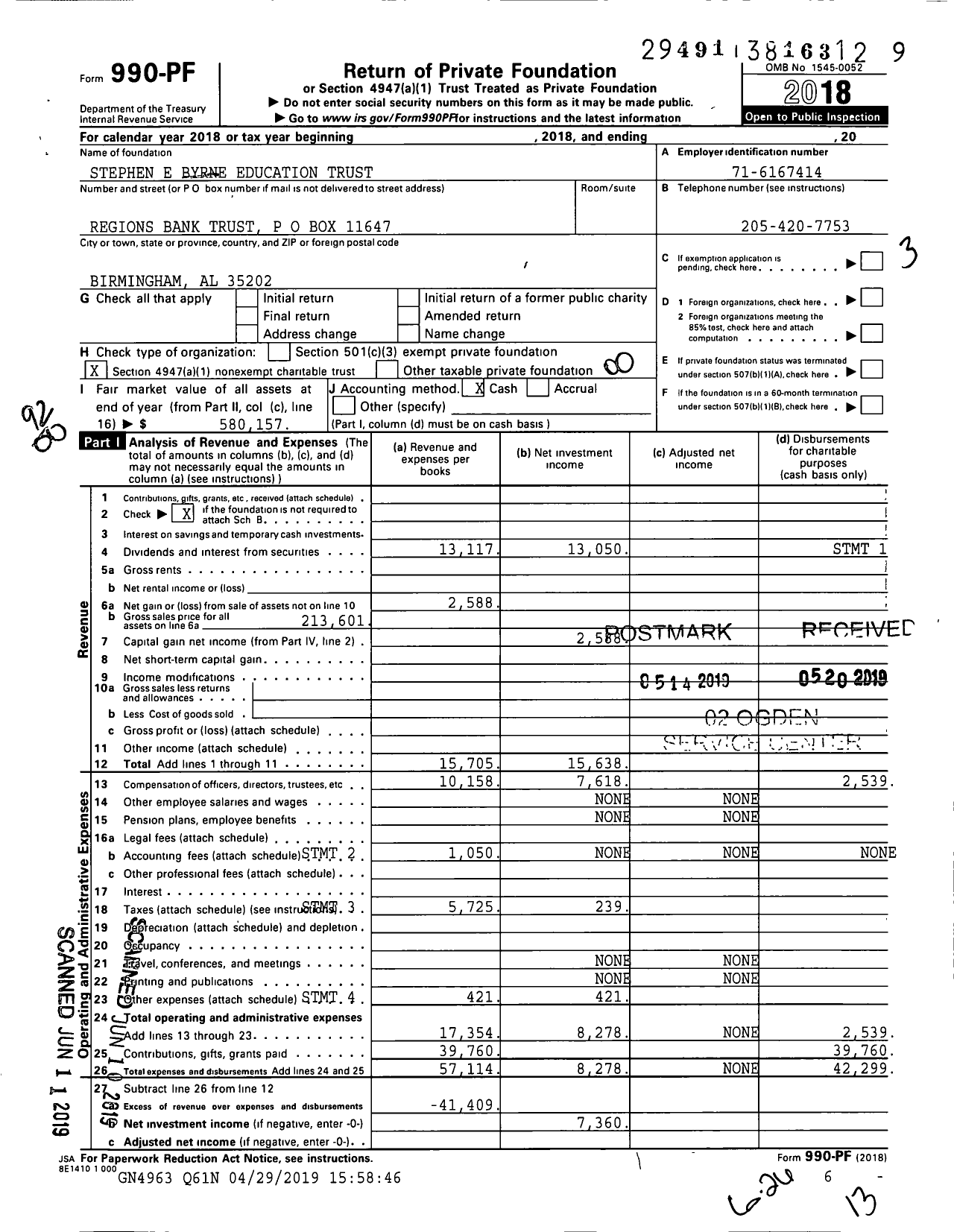 Image of first page of 2018 Form 990PF for Stephen E Byrne Education Trust