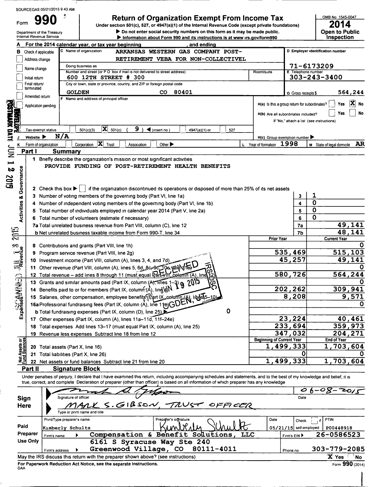 Image of first page of 2014 Form 990O for Arkansas Western Gas Company Post- Retirement VEBA for Noncollectively Barg