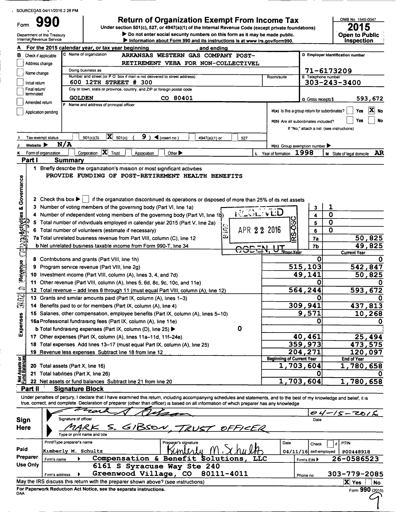 Image of first page of 2015 Form 990O for Arkansas Western Gas Company Post- Retirement VEBA for Noncollectively Barg