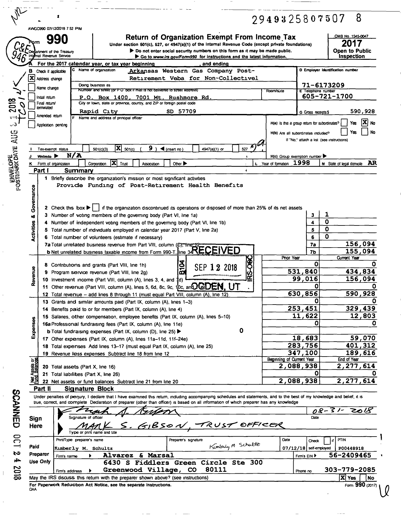 Image of first page of 2017 Form 990O for Arkansas Western Gas Company Post- Retirement VEBA for Noncollectively Barg
