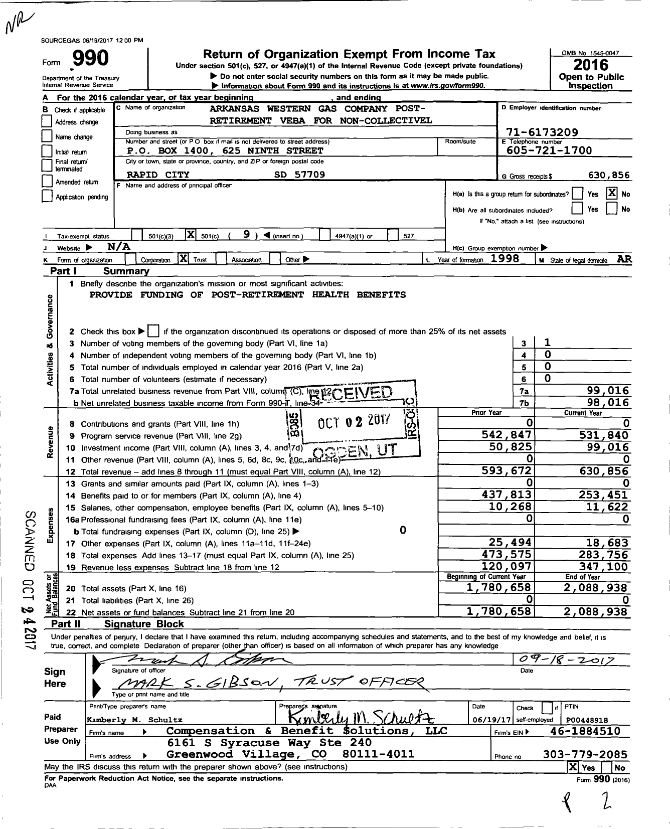 Image of first page of 2016 Form 990O for Arkansas Western Gas Company Post- Retirement VEBA for Noncollectively Barg