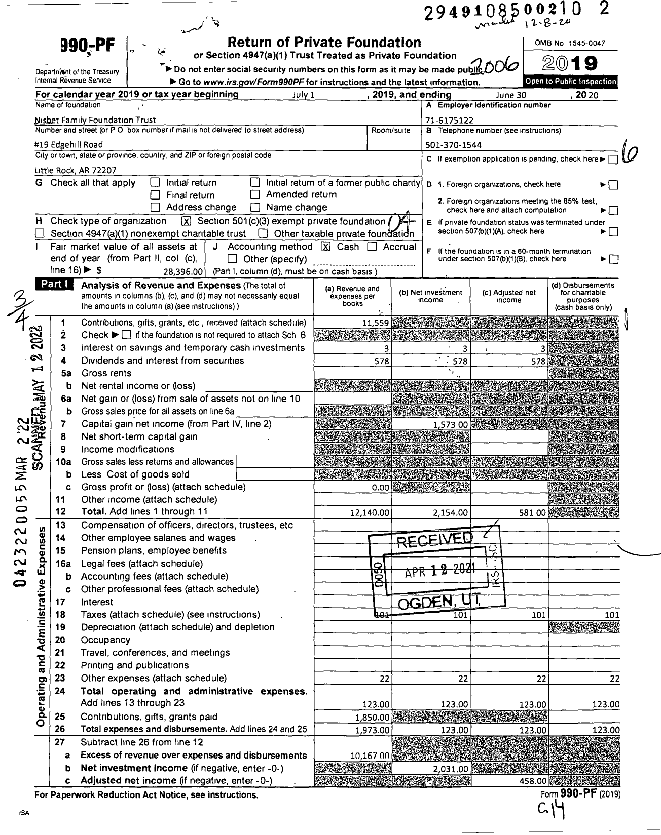 Image of first page of 2019 Form 990PF for Nisbet Family Foundation Trust