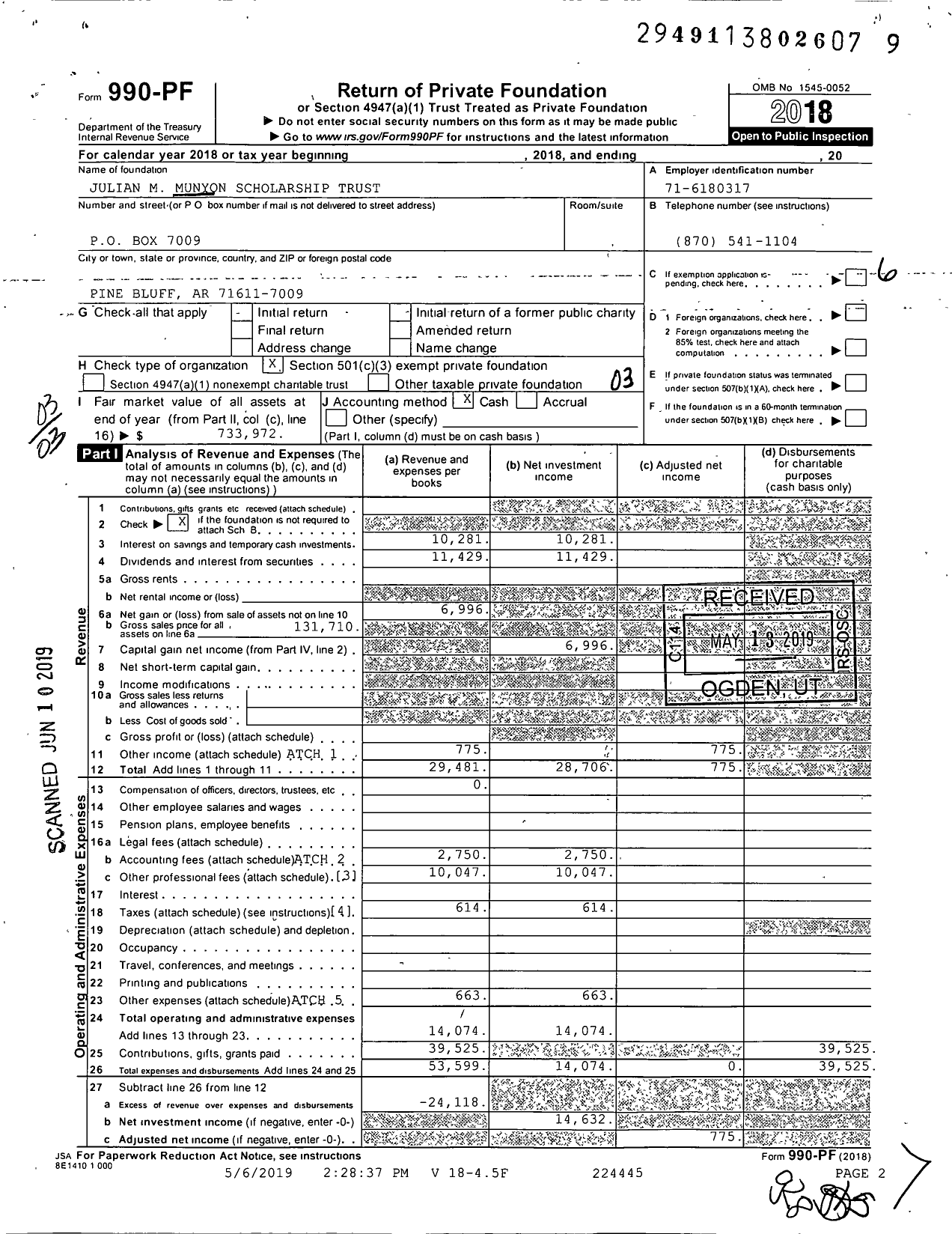 Image of first page of 2018 Form 990PF for Julian M Munyon Scholarship Trust