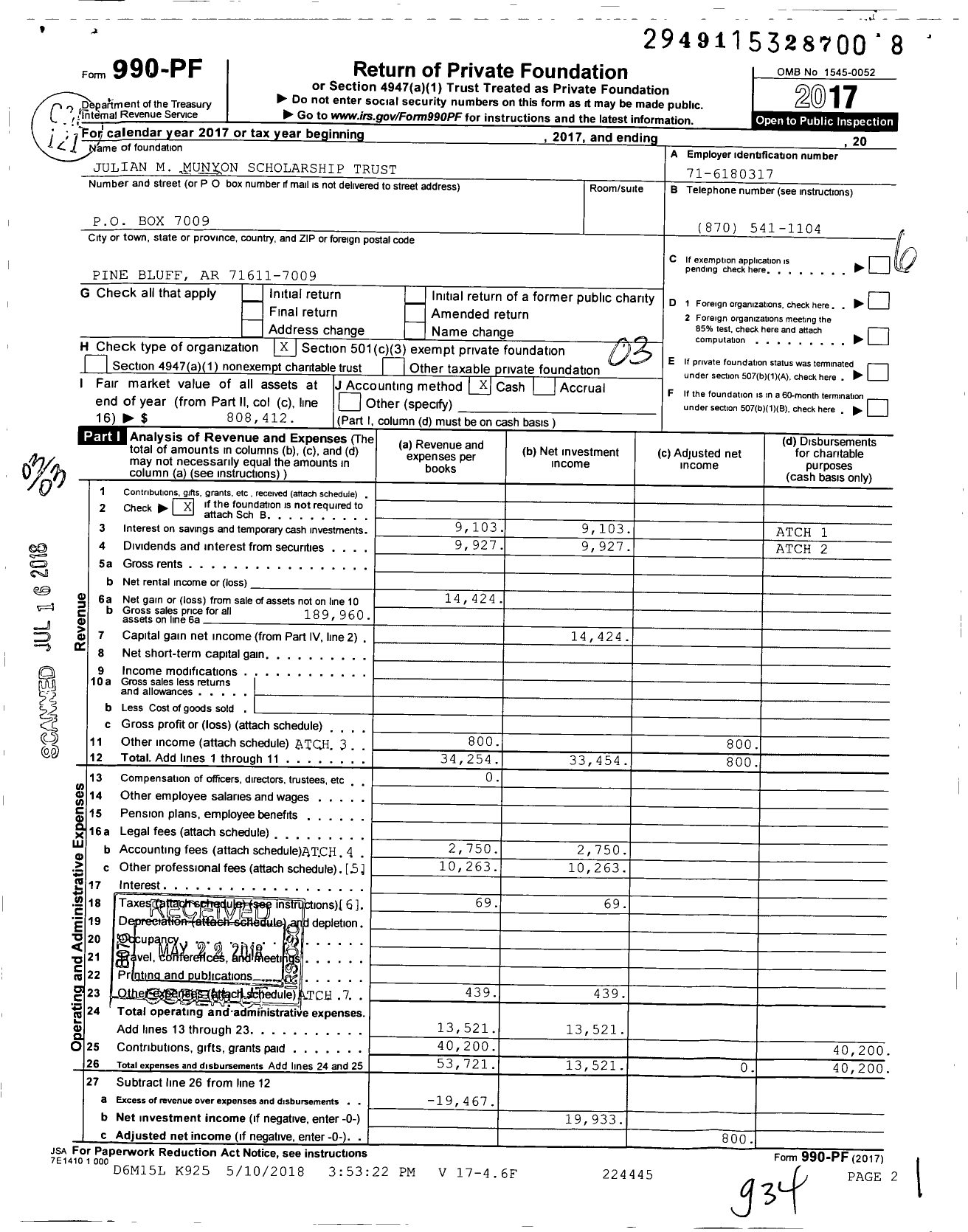 Image of first page of 2017 Form 990PF for Julian M Munyon Scholarship Trust