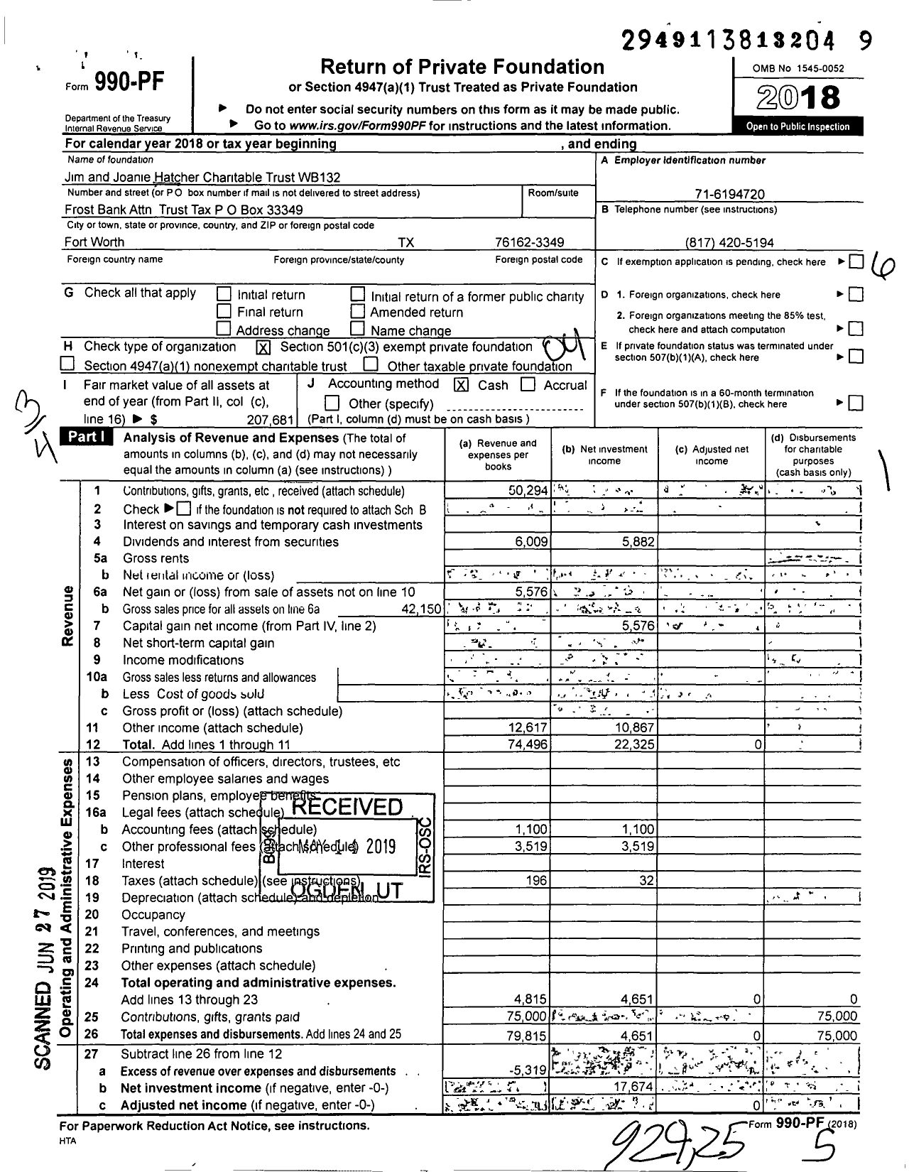 Image of first page of 2018 Form 990PF for Jim and Joanie Hatcher Charitable Trust WB132