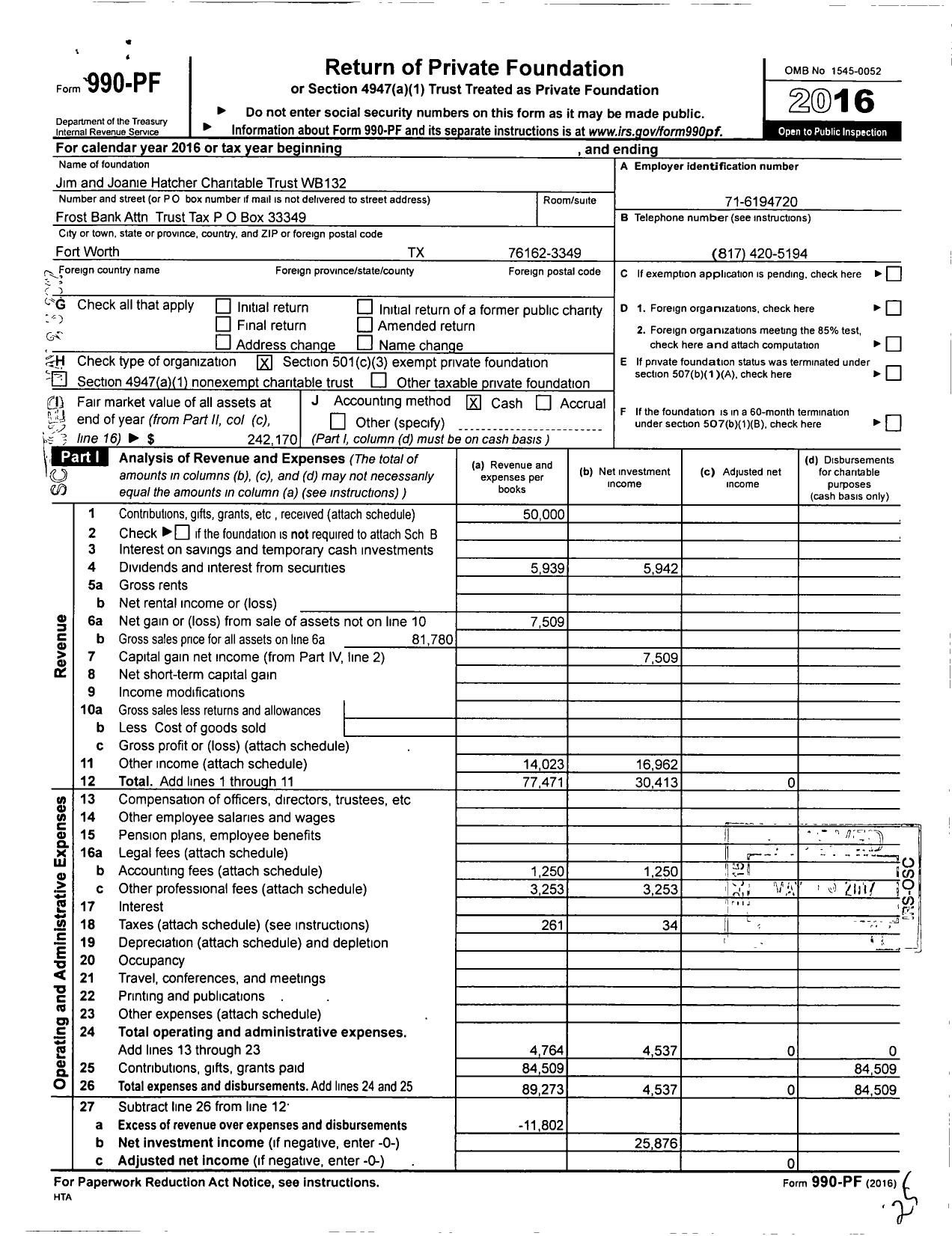 Image of first page of 2016 Form 990PF for Jim and Joanie Hatcher Charitable Trust WB132