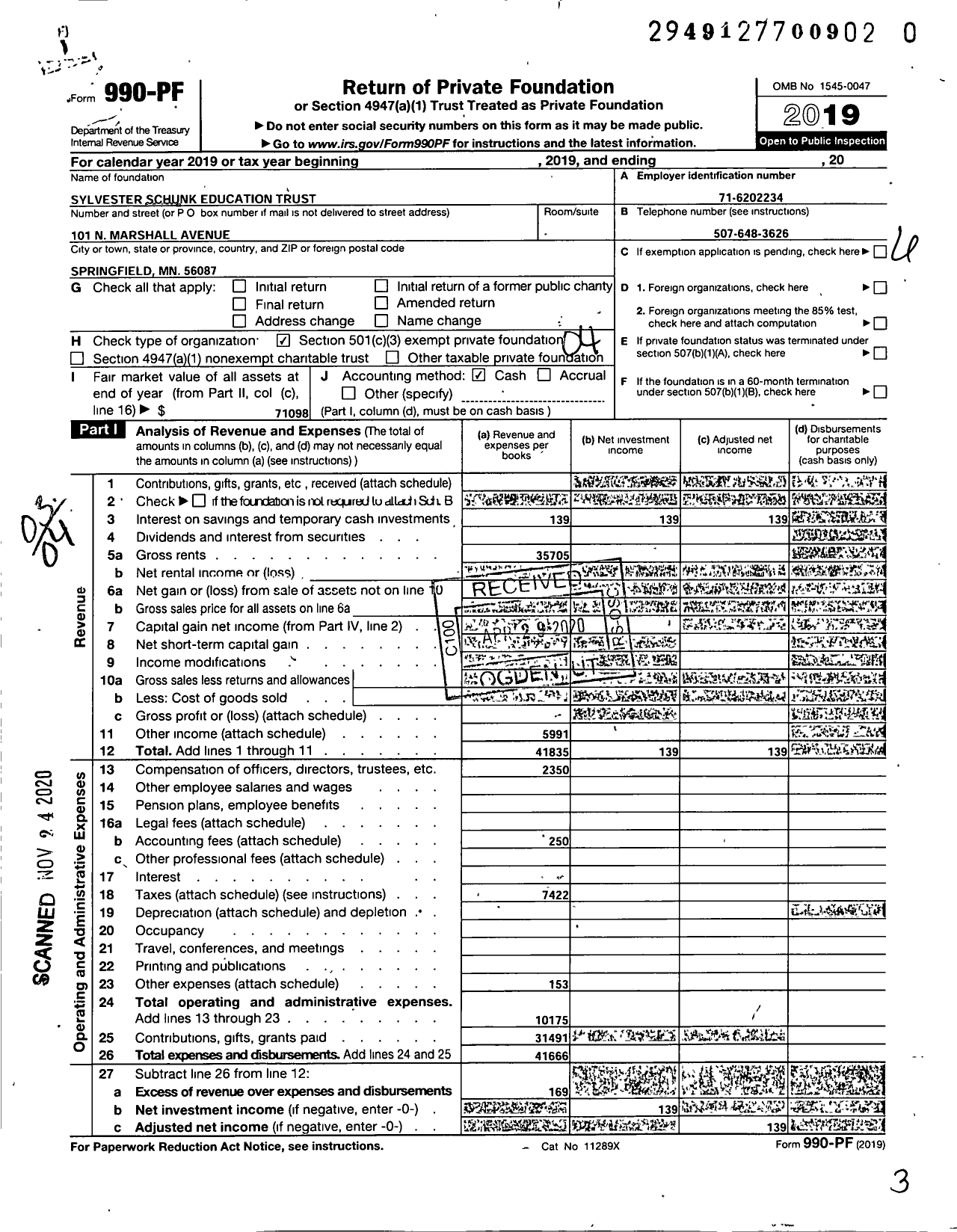 Image of first page of 2019 Form 990PF for Sylvester Schunk Educational Trust