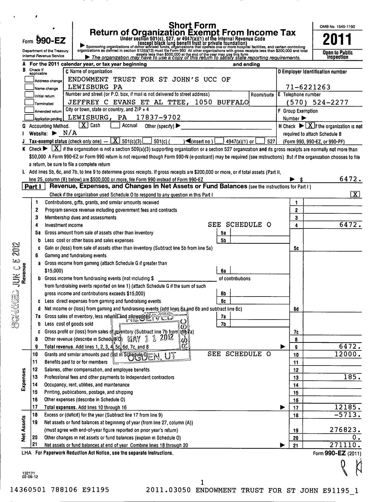 Image of first page of 2011 Form 990EZ for Endowment Trust for St John's Ucc of Lewisburg Pa