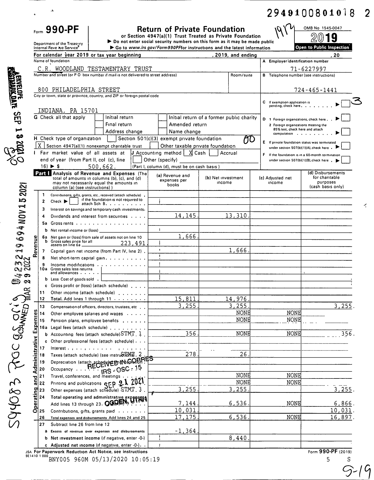 Image of first page of 2019 Form 990PF for CR Woodland Testamentary Trust