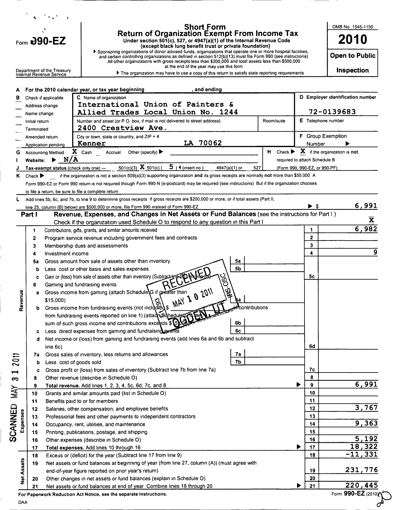 Image of first page of 2010 Form 990EO for International Union of Painters and Allied Trades - 1244 House and Ship Painters Local