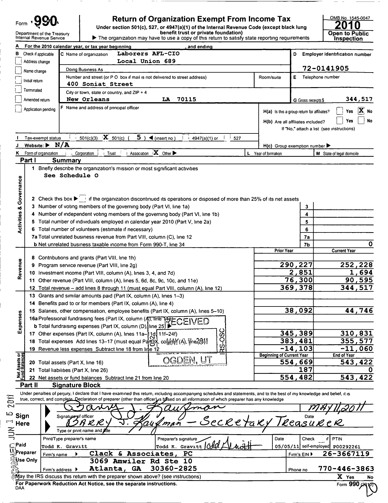 Image of first page of 2010 Form 990O for Laborers' International Union of North America - 689 Laborers Local