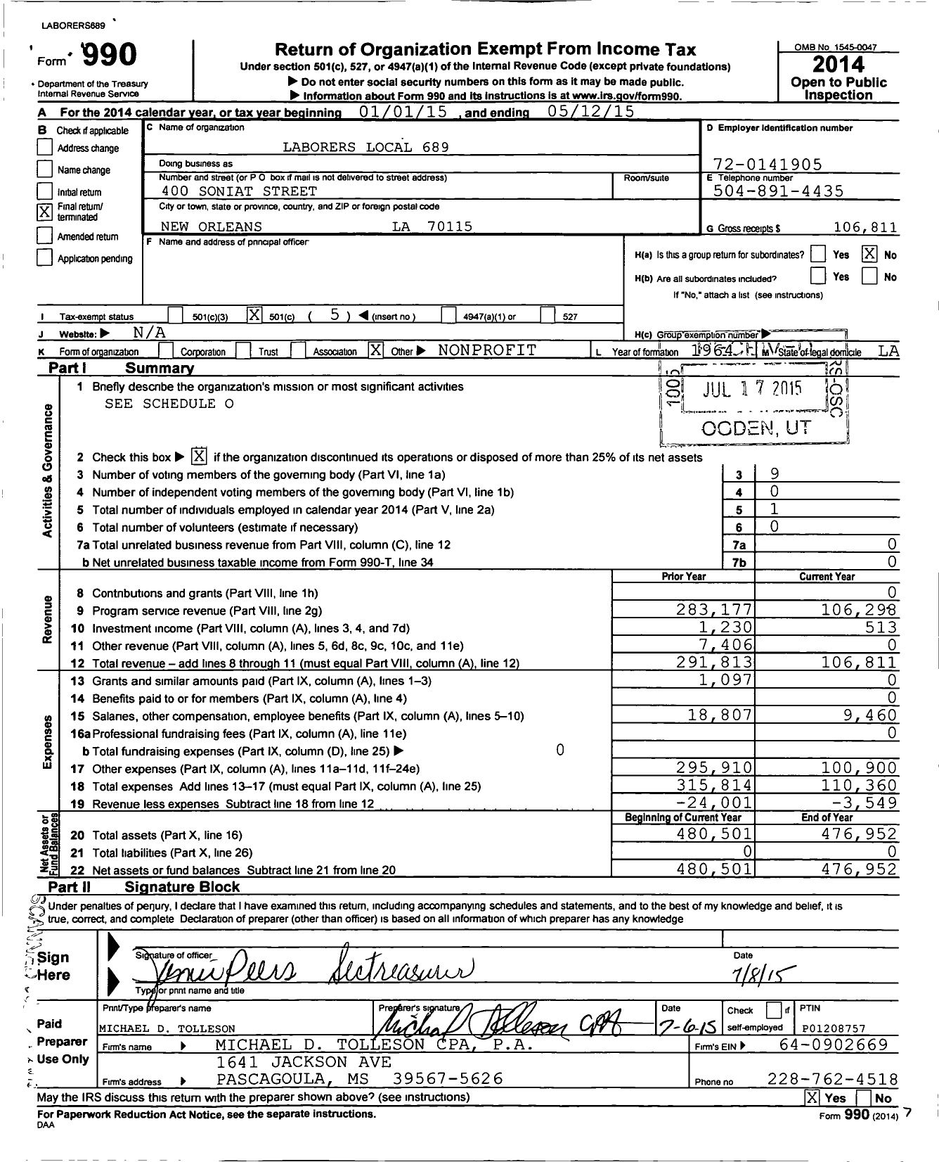 Image of first page of 2014 Form 990O for Laborers' International Union of North America - 689 Laborers Local