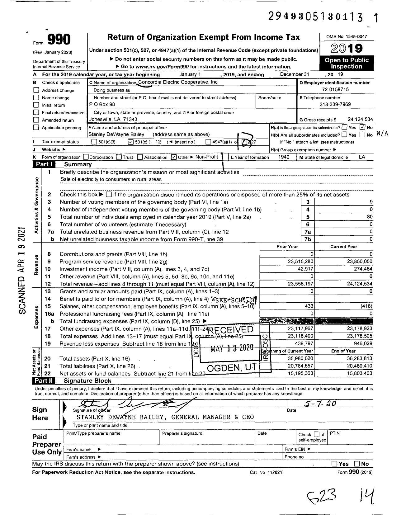 Image of first page of 2019 Form 990O for Concordia Electric Cooperative