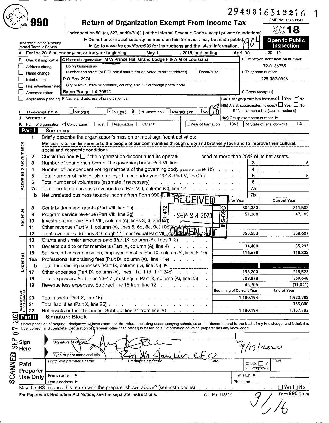 Image of first page of 2018 Form 990O for M W Prince Hall Grand Lodge F and A M of Louisiana