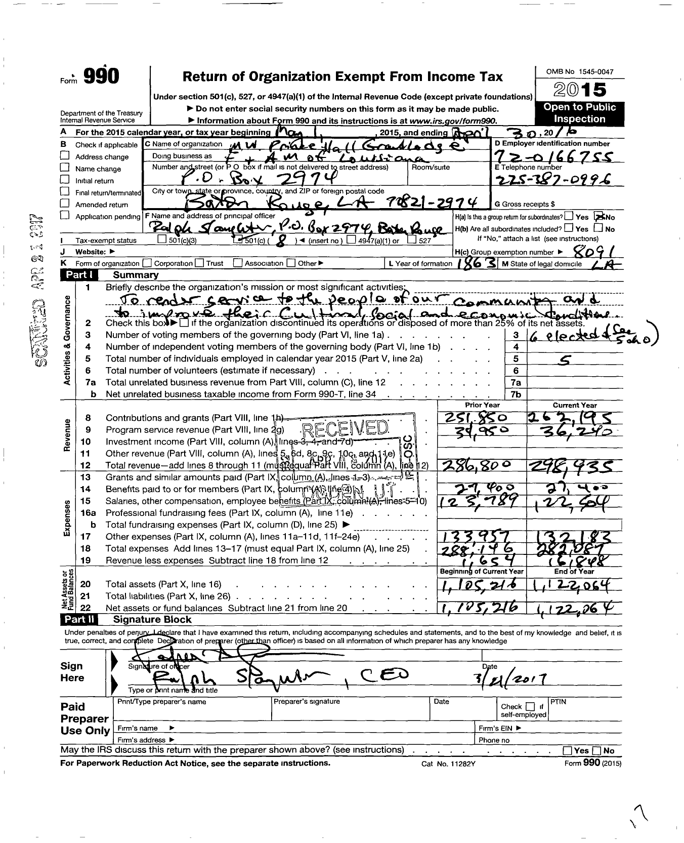 Image of first page of 2015 Form 990O for M W Prince Hall Grand Lodge F and A M of Louisiana