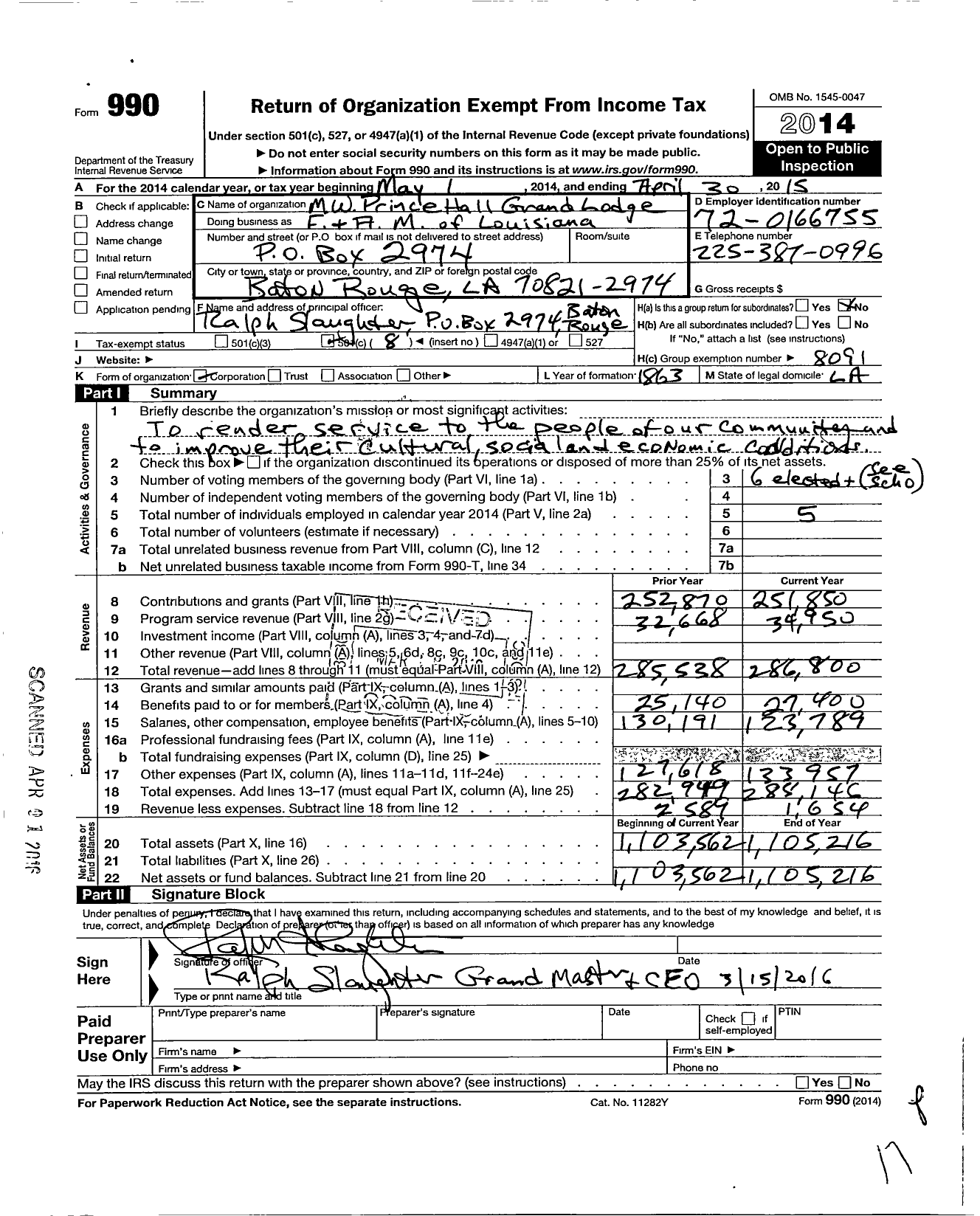 Image of first page of 2014 Form 990O for M W Prince Hall Grand Lodge F and A M of Louisiana