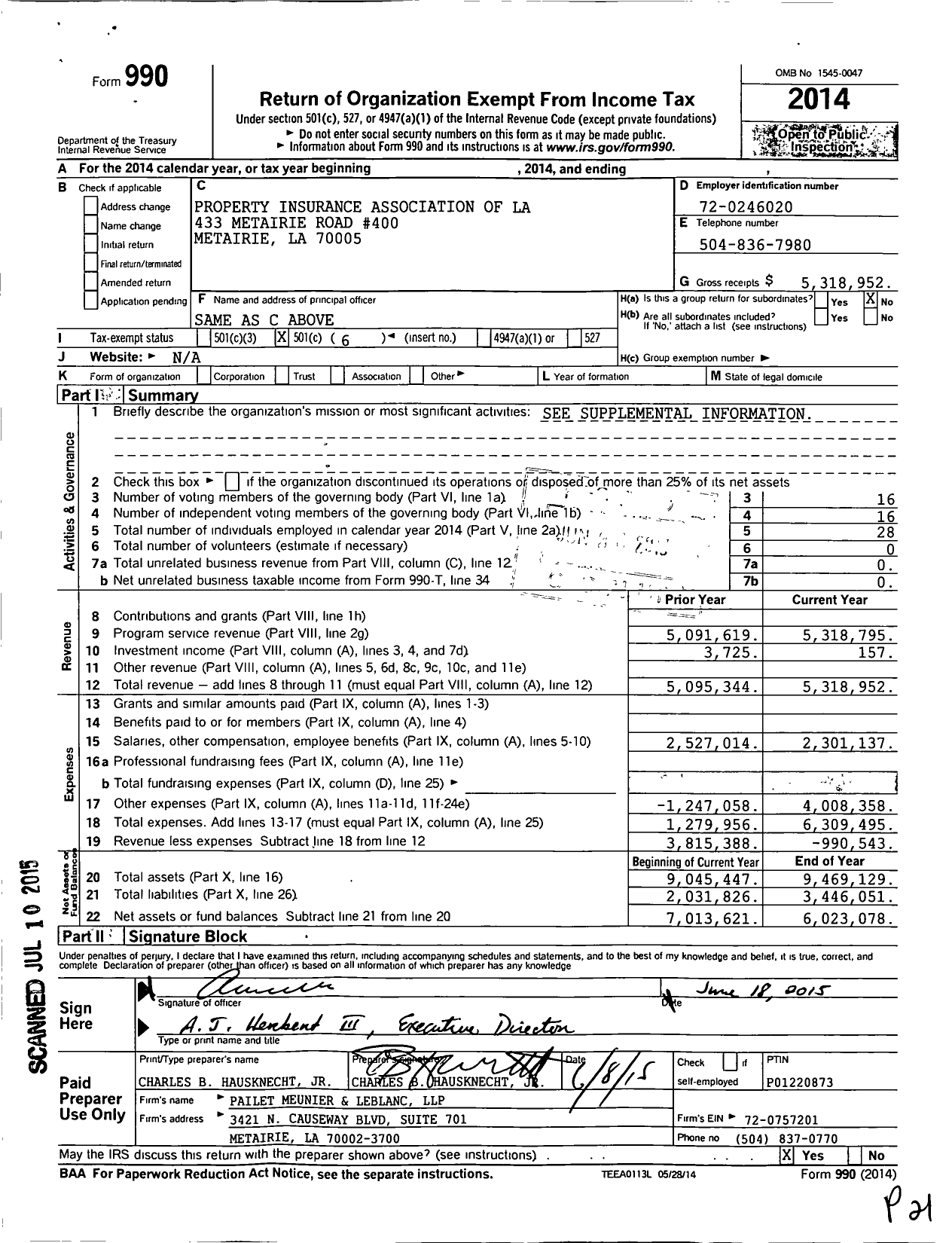 Image of first page of 2014 Form 990O for Property Insurance Association of La