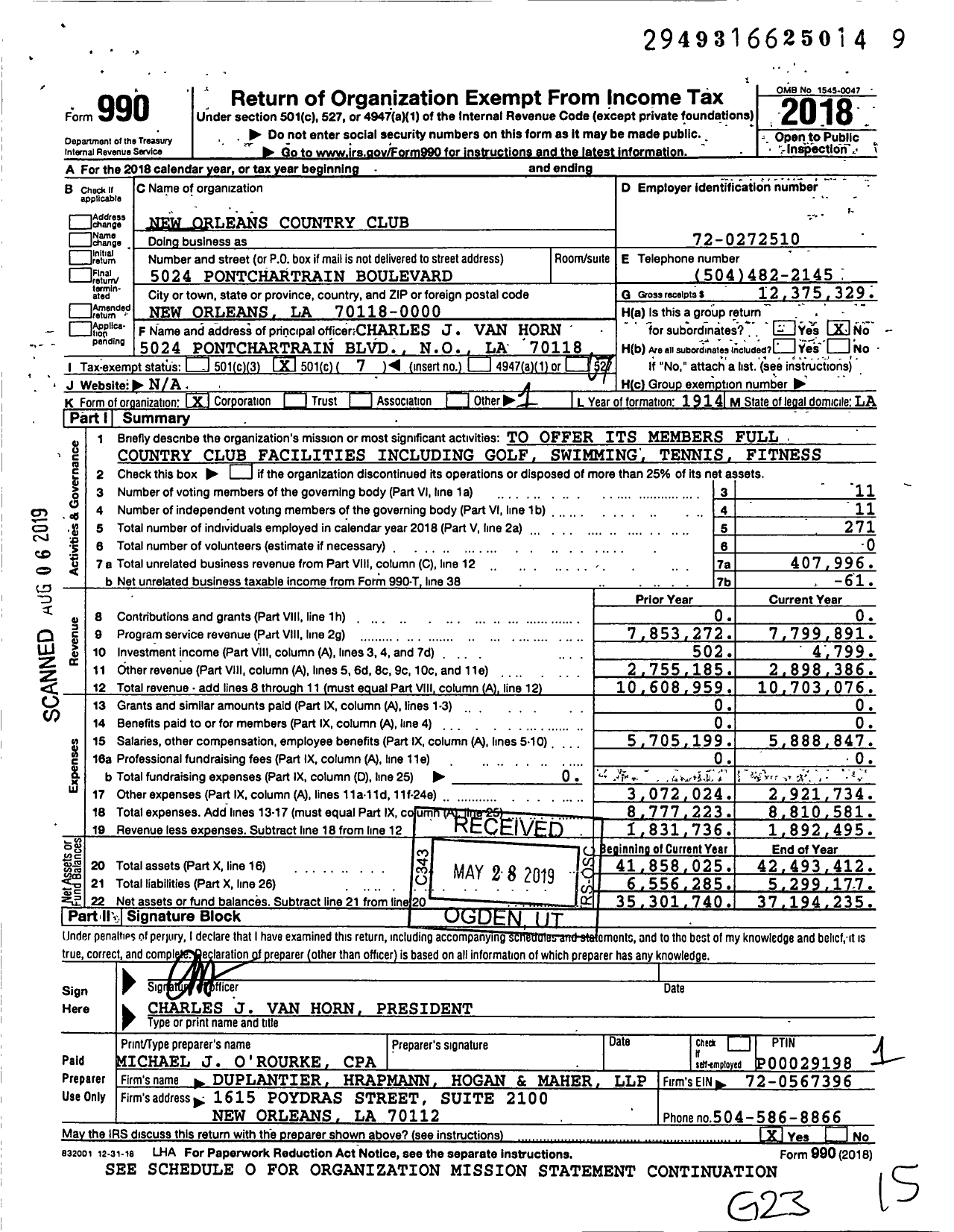 Image of first page of 2018 Form 990O for New Orleans Country Club